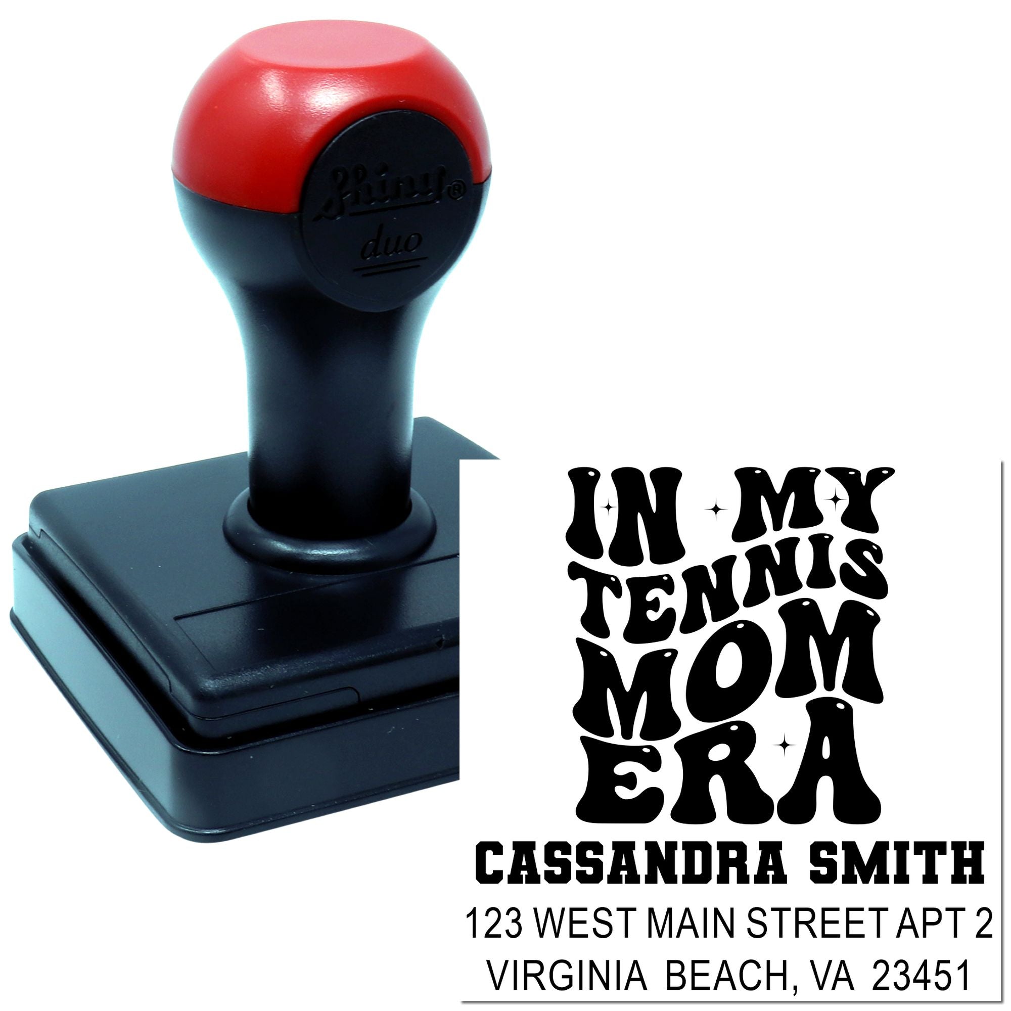 Custom self-inking rubber stamp for tennis mom gifts, with In My Tennis Mom Era design and personalized name and address.