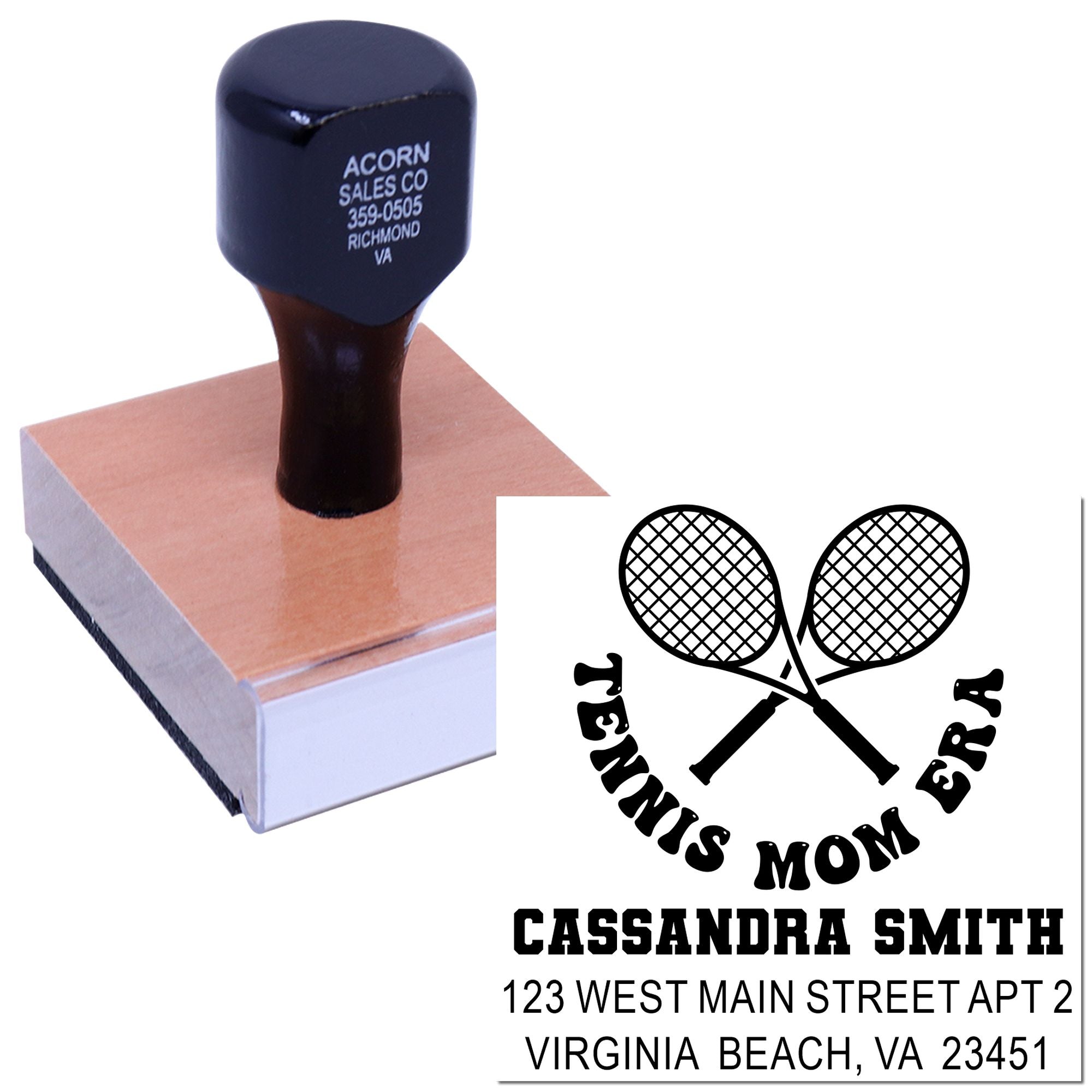 Custom tennis mom return address rubber stamp with crossed rackets, personalized name, and Virginia Beach address.