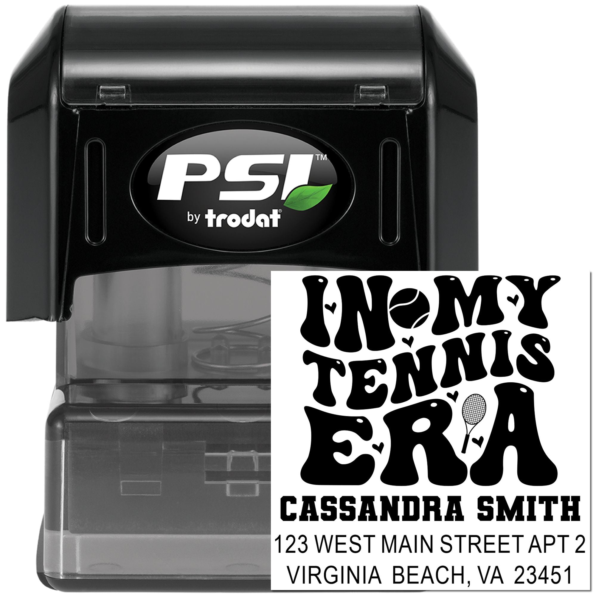 Custom self-inking address stamp with tennis design and personalized name and address imprint for mailing use.
