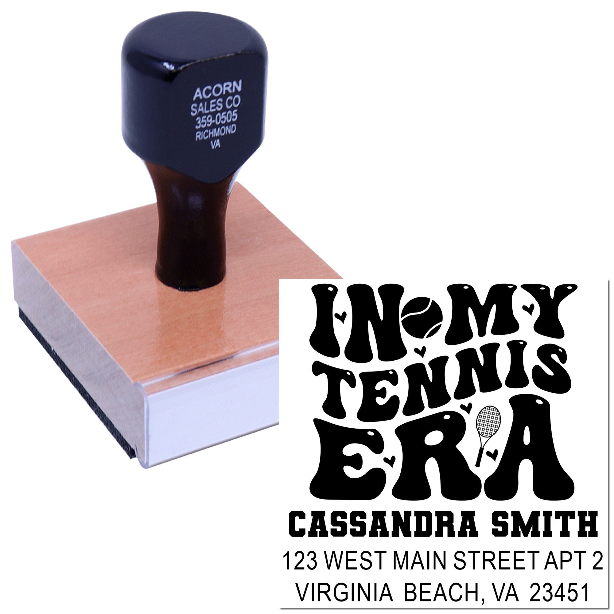 Custom tennis-themed address rubber stamp with wooden mount and personalized return address design for mailings.