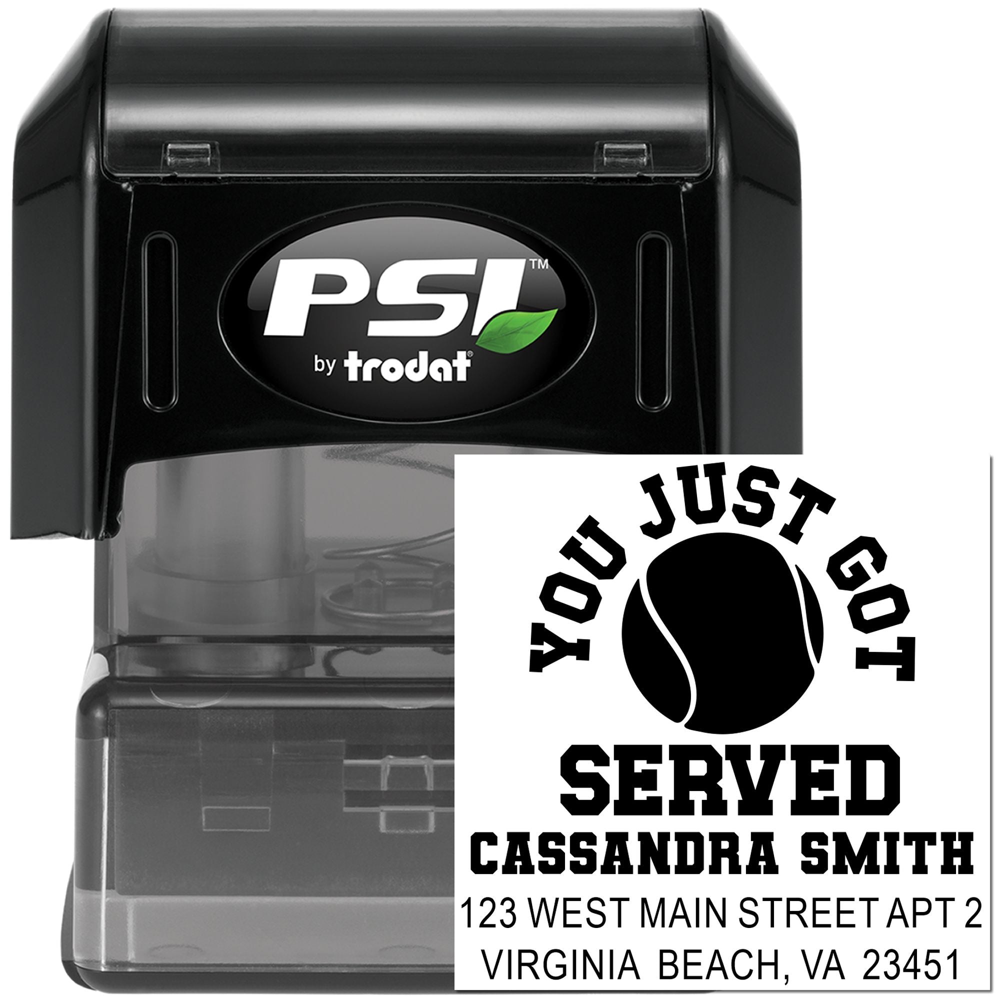 Custom self-inking tennis return address rubber stamp by PSI Trodat with You Just Got Served name and address design
