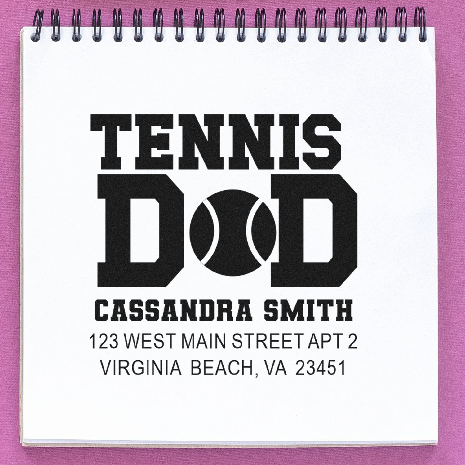 Custom tennis dad rubber stamp with name and Virginia Beach return address for personalized mailing.