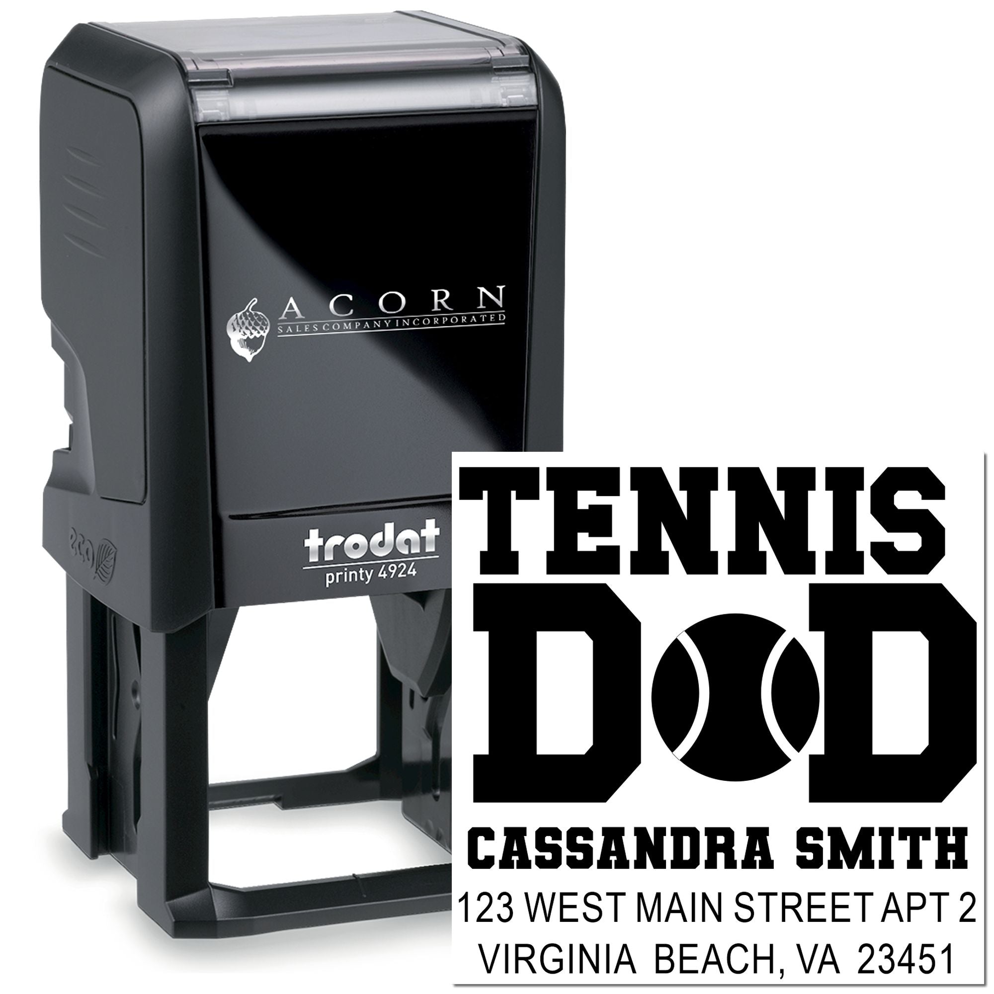 Personalized self-inking rubber stamp for tennis dad, with custom name and address for mailing and sports gifts.
