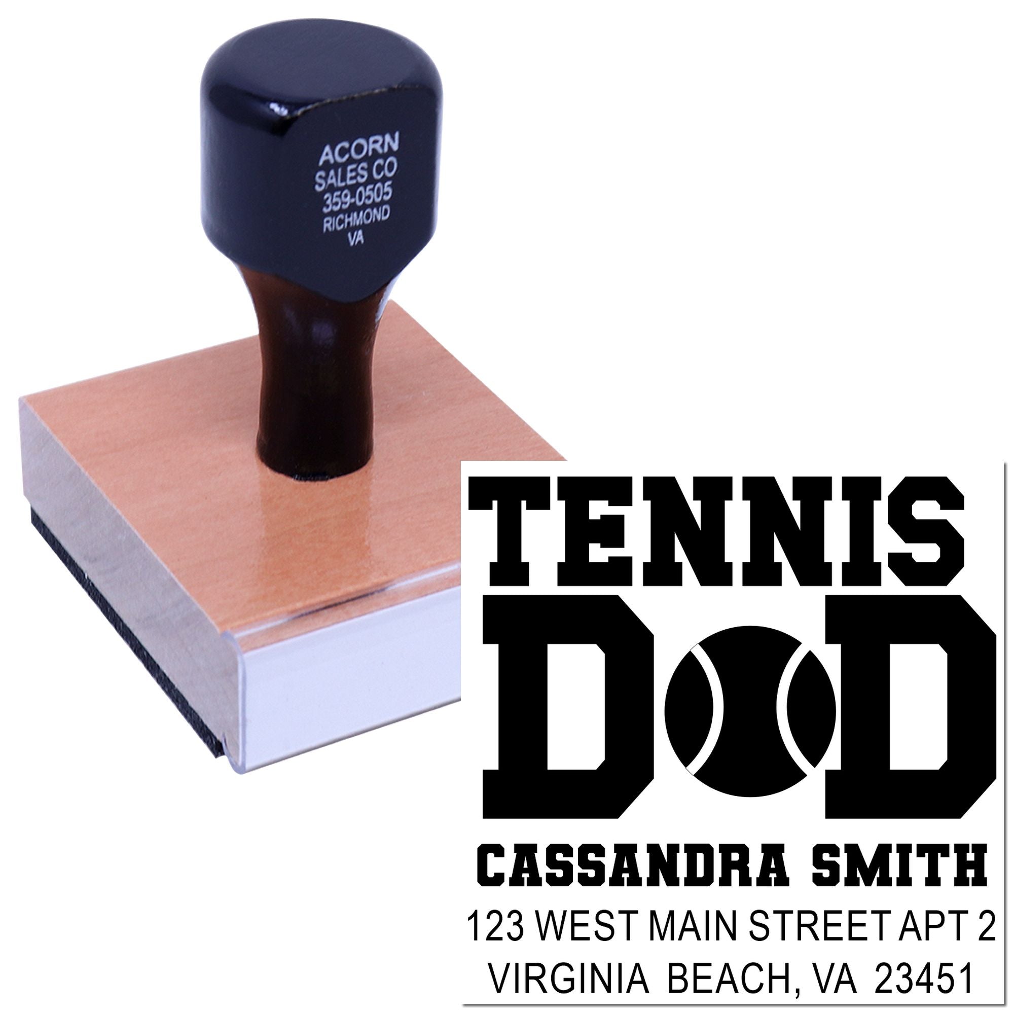 Custom tennis dad address rubber stamp for personalized return mail and sports-themed stationery.