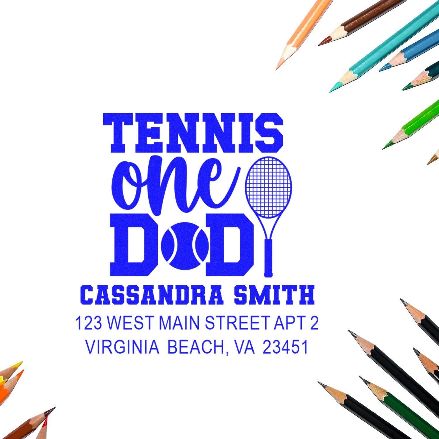 Custom tennis dad rubber stamp with name and Virginia Beach, VA return address