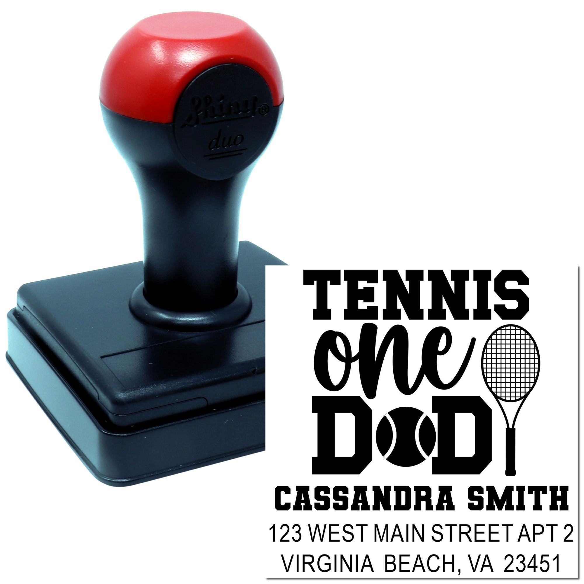 Custom self-inking rubber stamp with Tennis One Dad design, name, and address for personalized mailing and gifts.