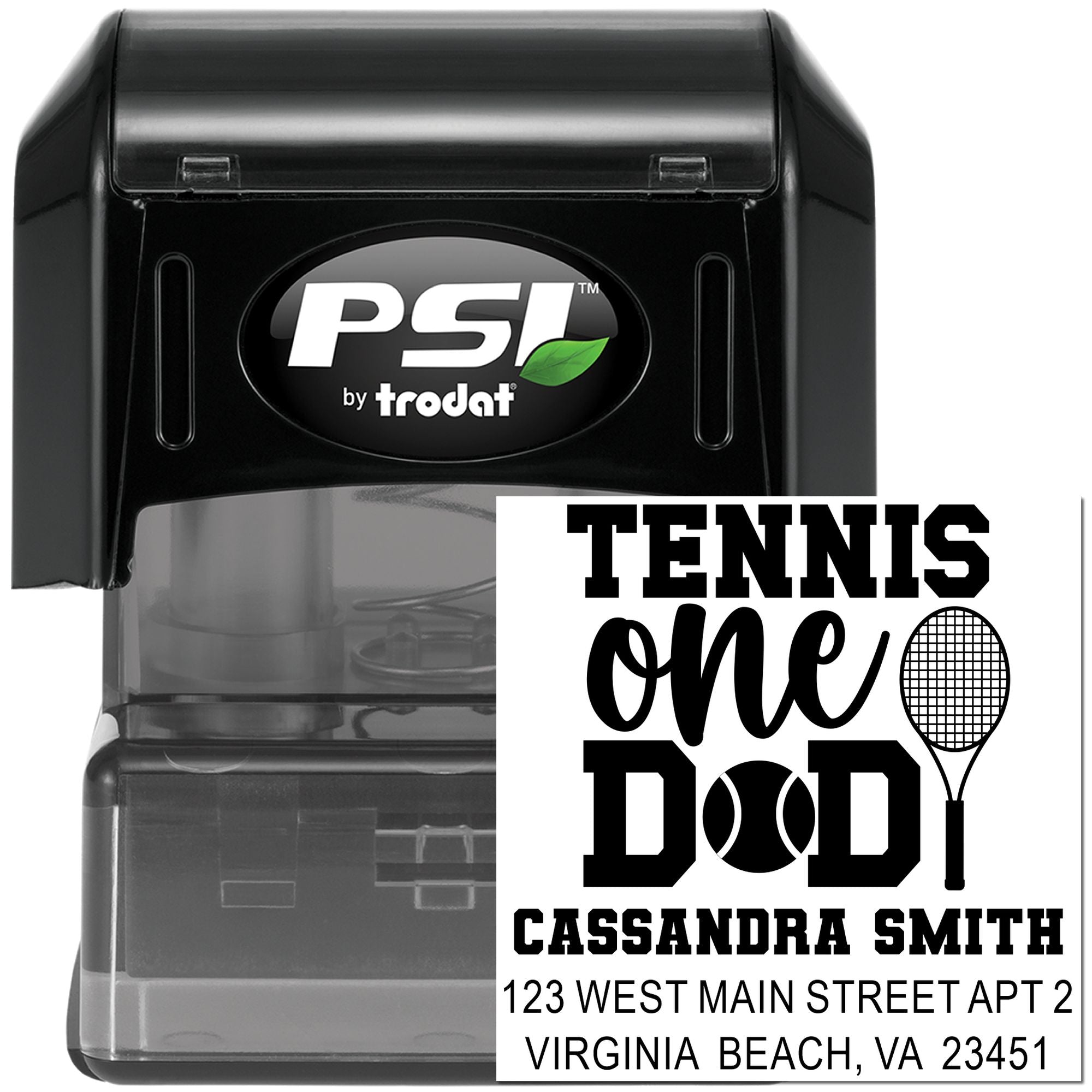 Custom self-inking tennis dad address rubber stamp by PSI by Trodat with personalized name, address, and sports design.