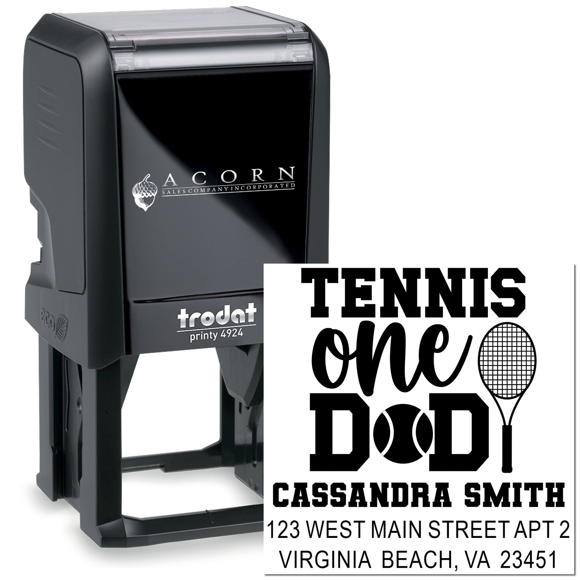 Custom Trodat self-inking rubber stamp with personalized tennis dad design, name, and address for envelopes or gifts.