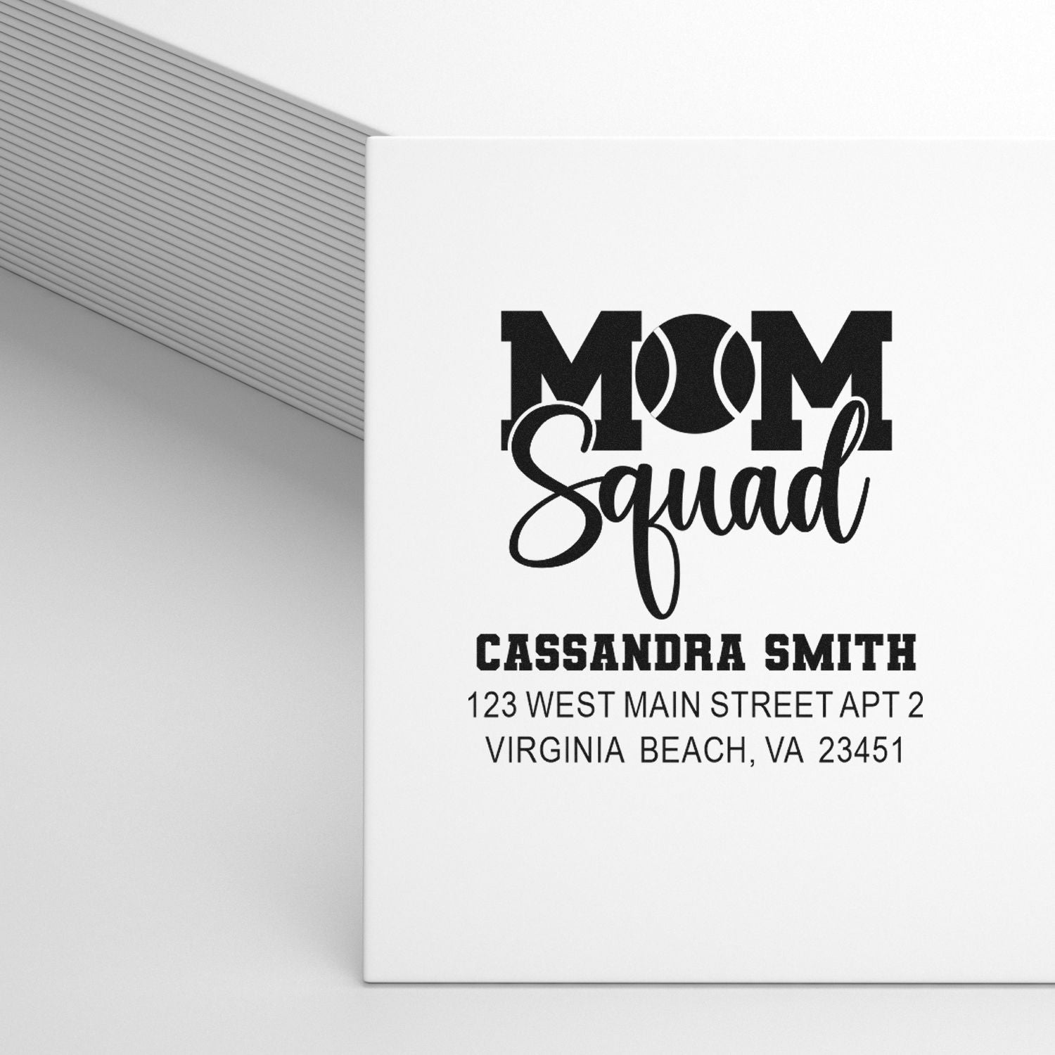 Custom Mom Squad return address rubber stamp with name for personalized stationery and mailing labels.