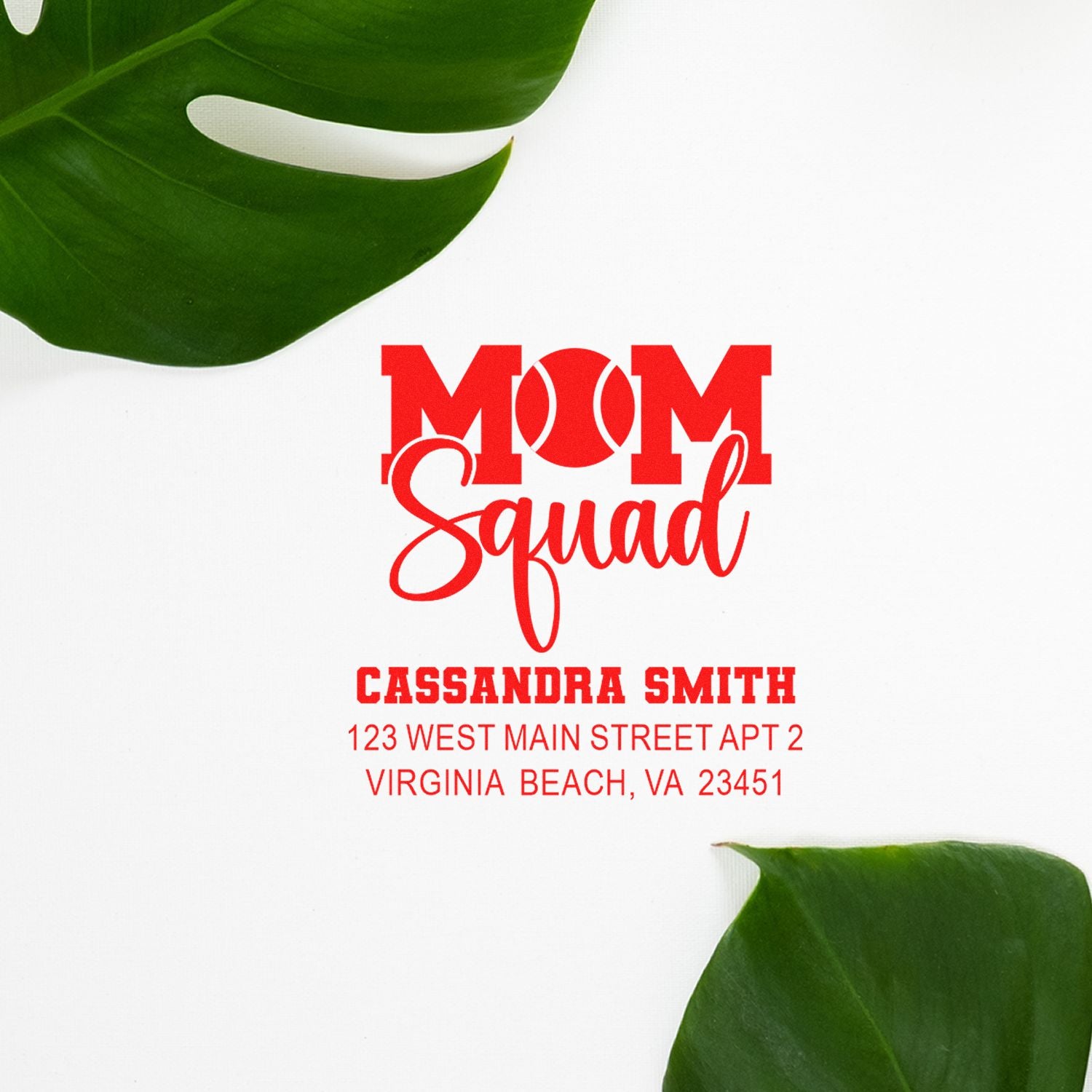 Custom Mom Squad return address rubber stamp with personalized name and address for family mail and stationery
