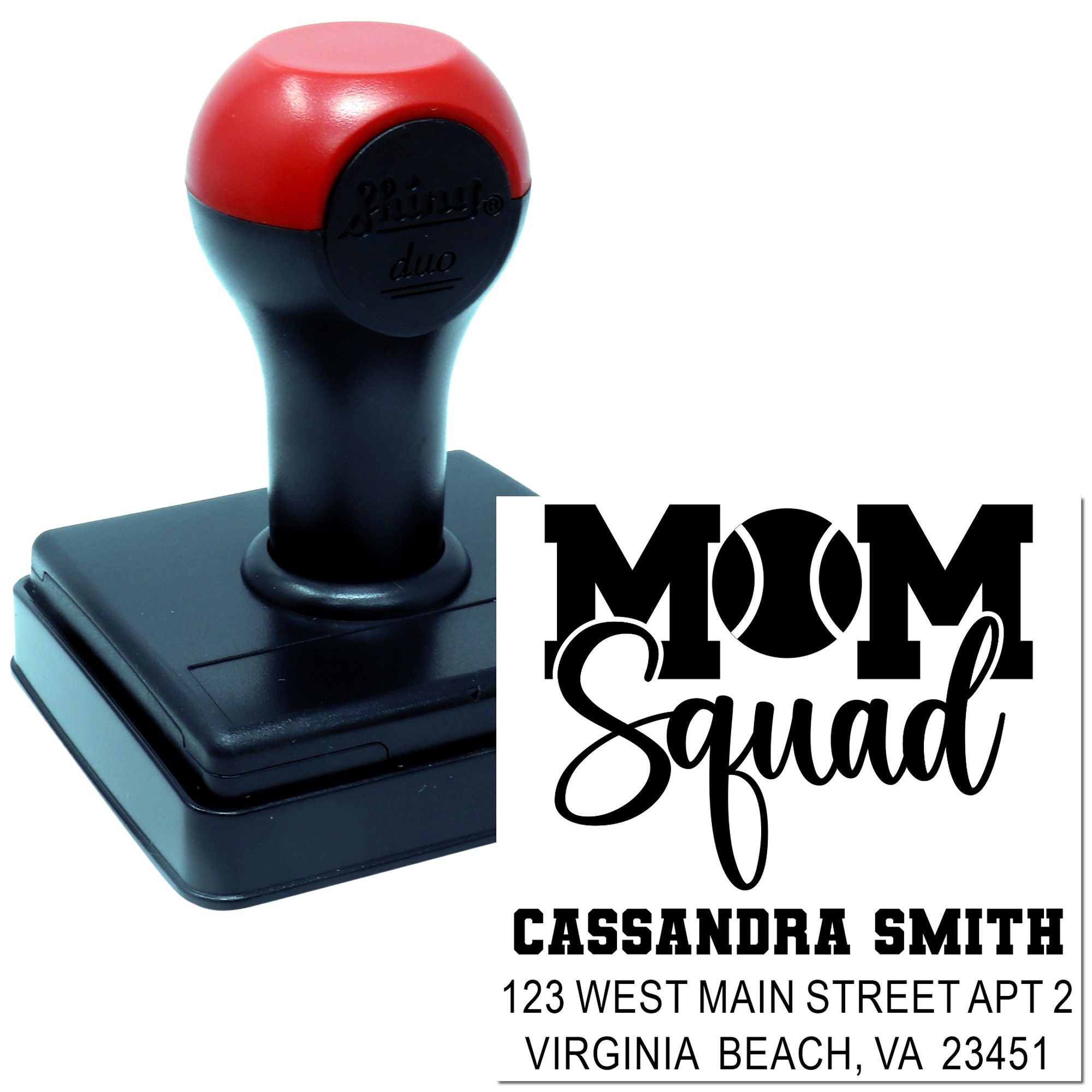 Custom Mom Squad self-inking rubber stamp with personalized name and return address for mailing and packaging.