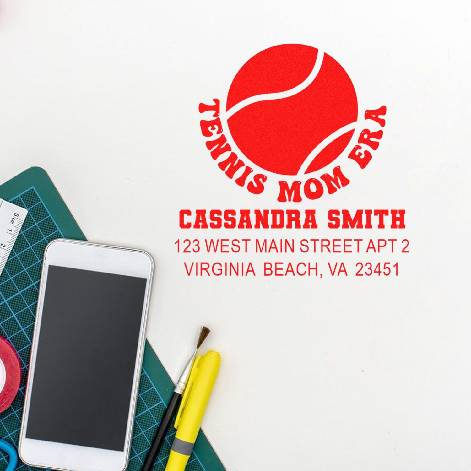 Personalized tennis mom rubber stamp with custom name and address for mailing, branding, and DIY crafts.