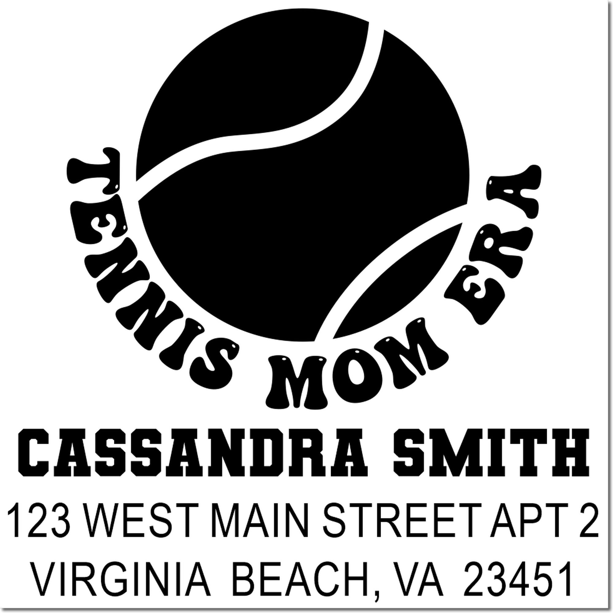 Custom rubber stamp with tennis ball design for Mom, Cassandra Smith return address stamp, Virginia Beach VA 23451