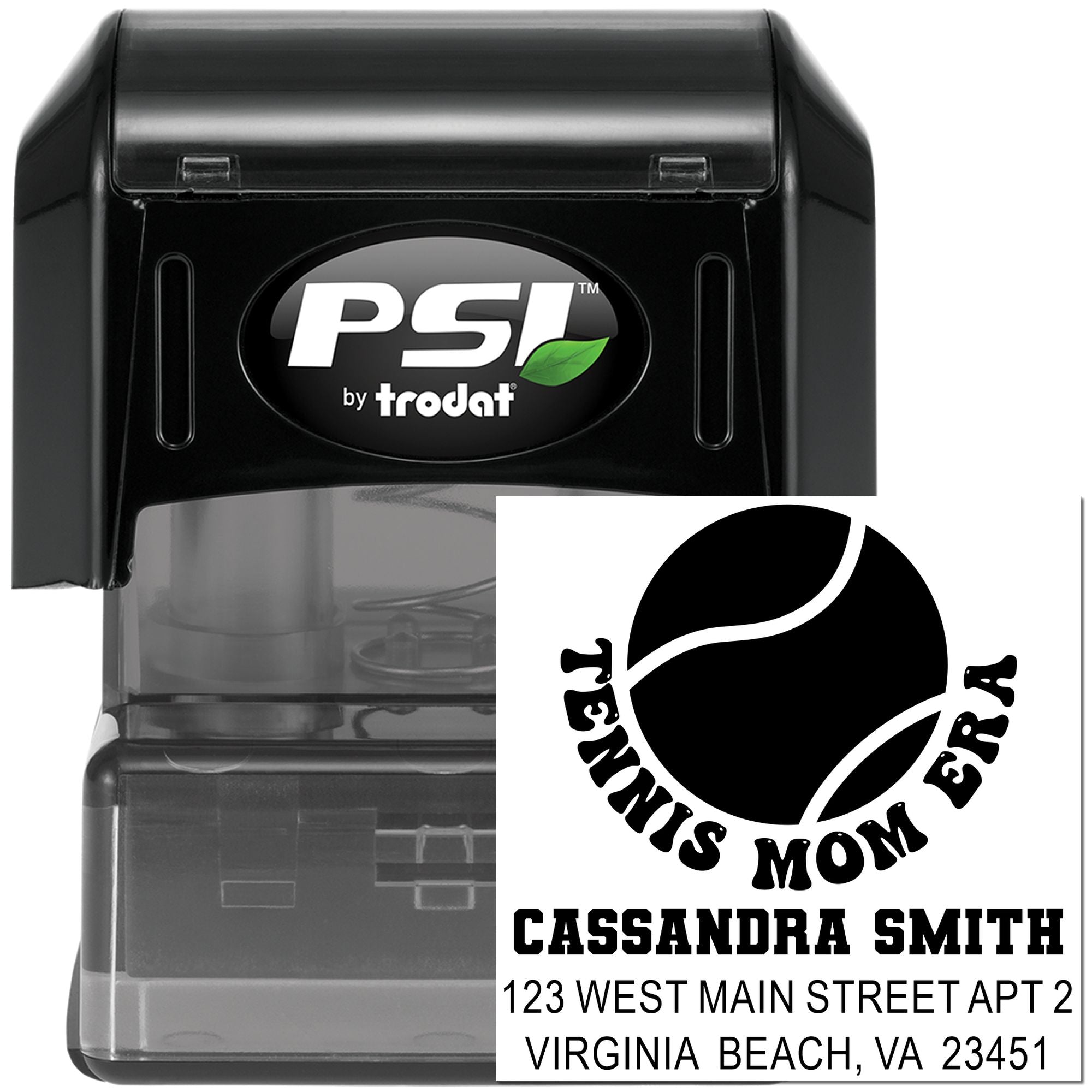 Custom self-inking rubber return address stamp with tennis mom design, PSI by Trodat, personalized name and address imprint.
