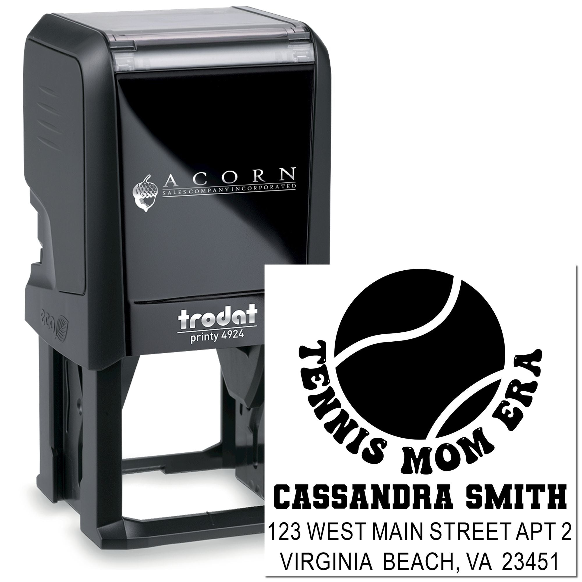Custom self-inking rubber stamp for tennis moms with name and return address, featuring a tennis ball design.