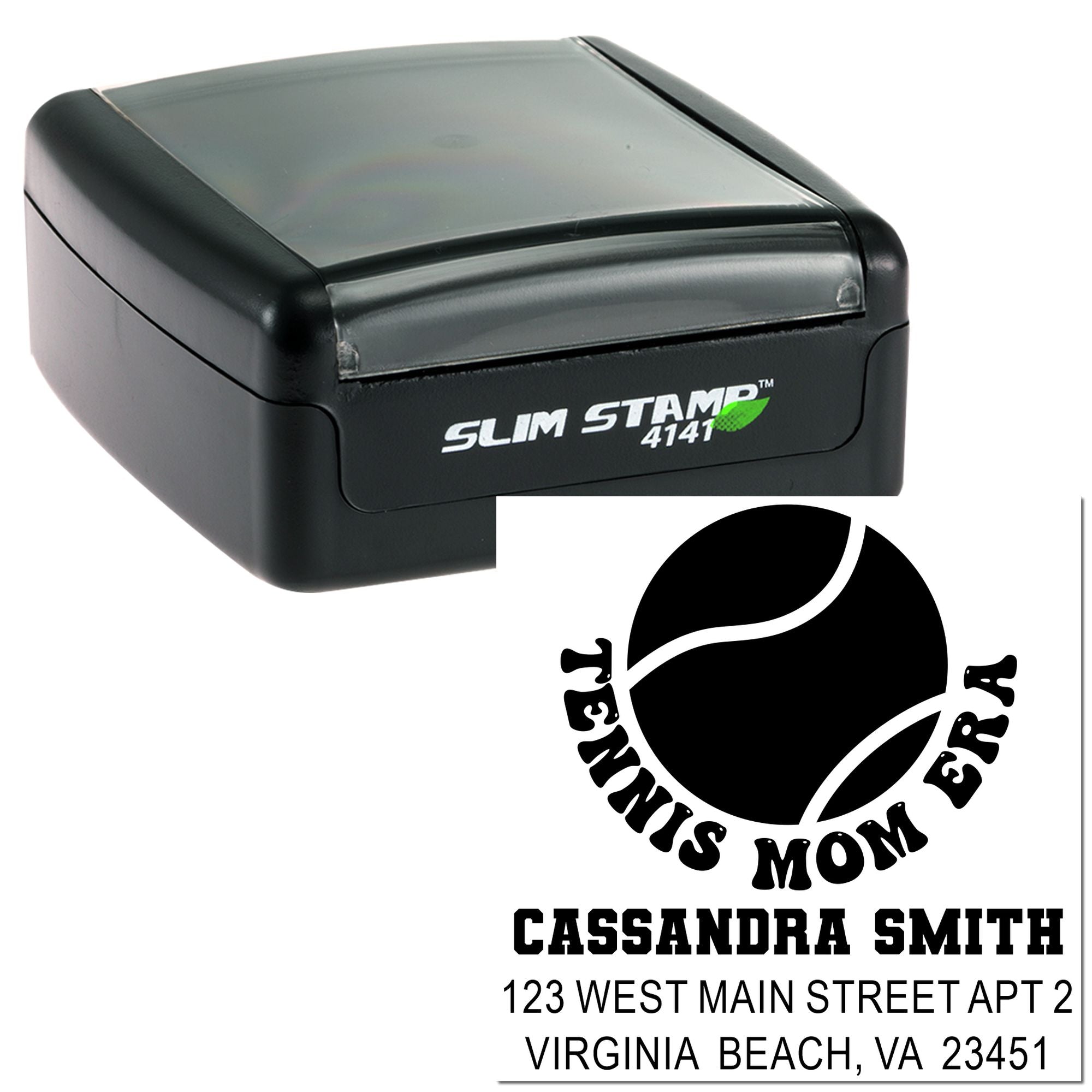 Custom self-inking rubber stamp with tennis mom design and name/address imprint for Cassandra Smith.