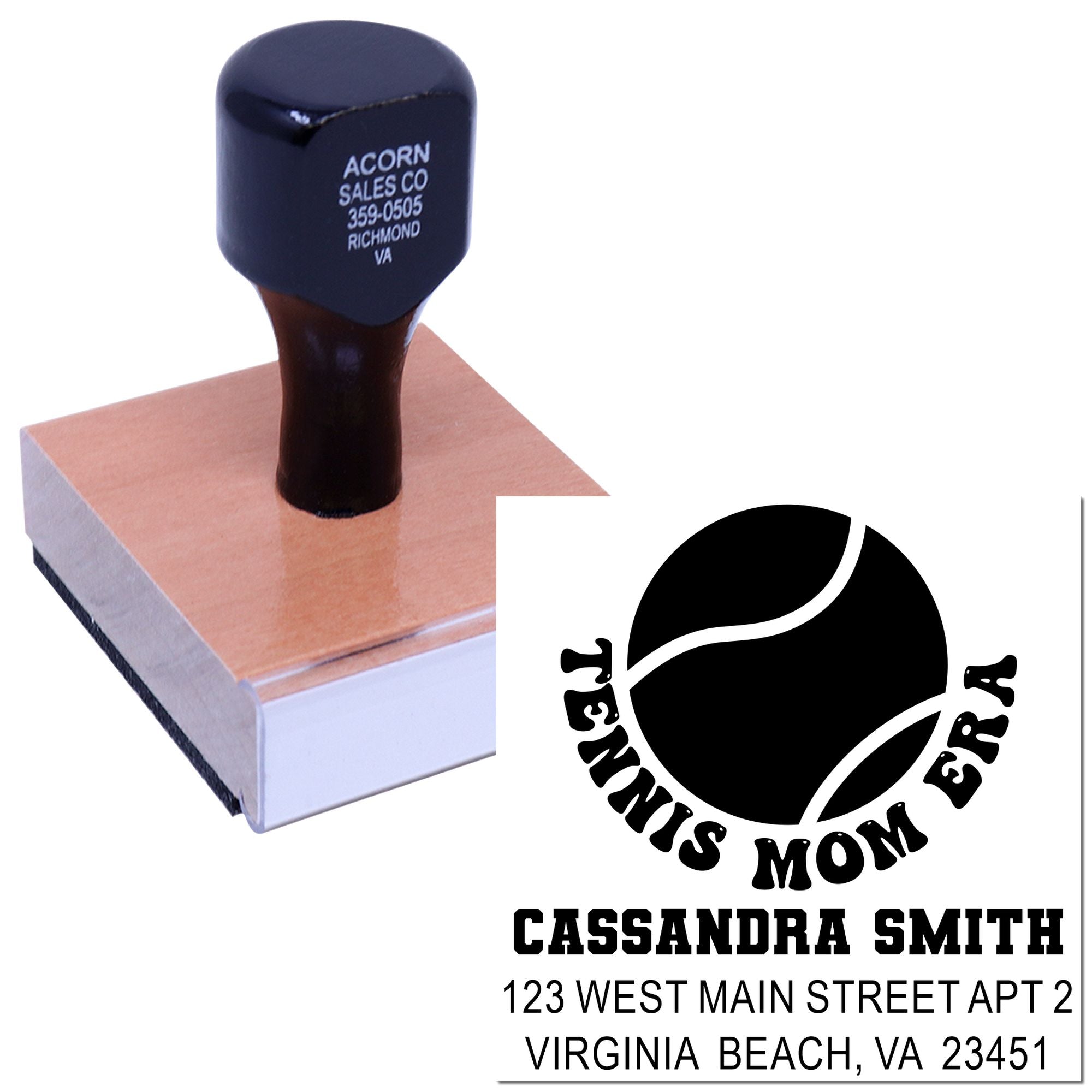 Custom self-inking return address rubber stamp with tennis mom logo, name, and Virginia Beach address.