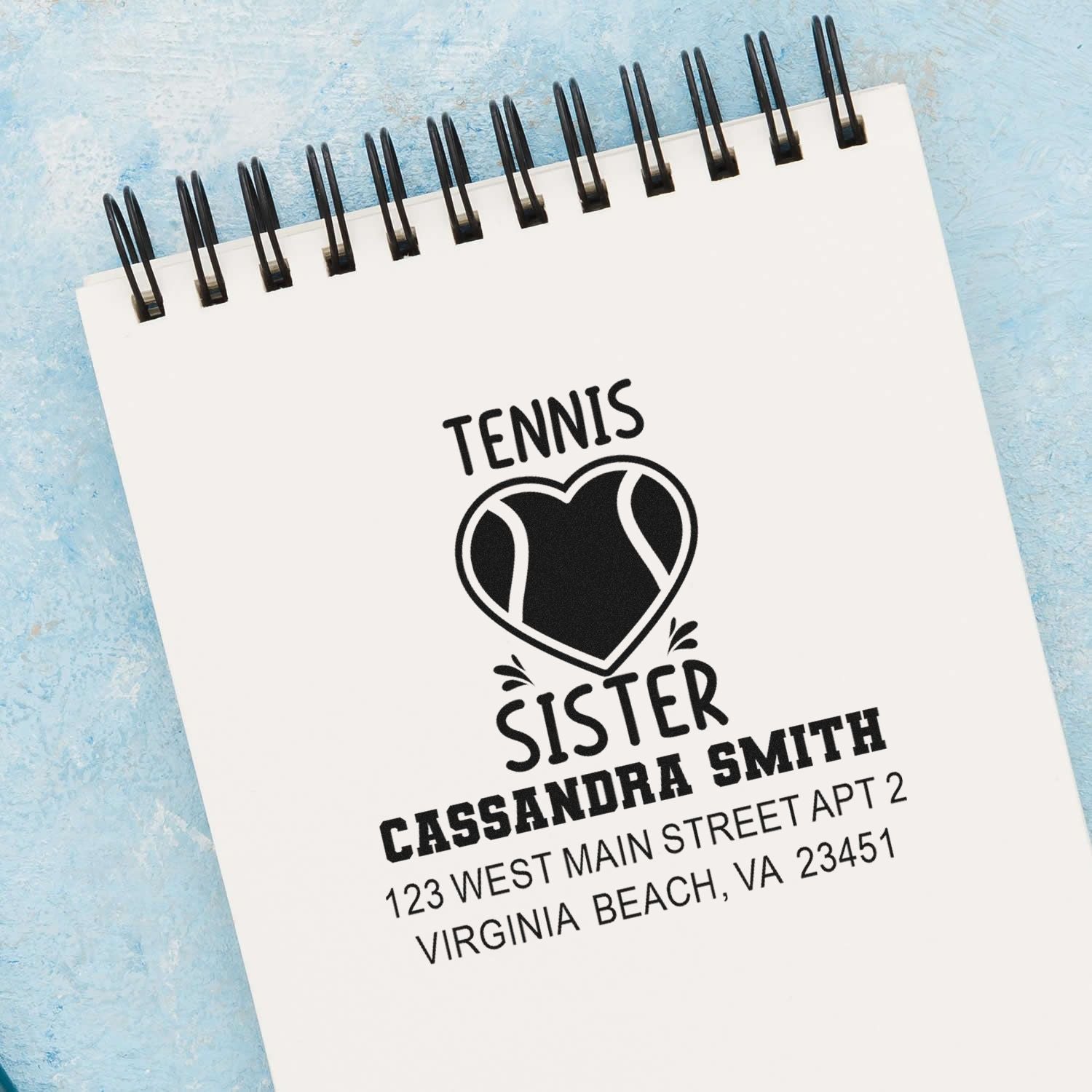 Custom tennis sister rubber stamp with personalized name and address for stationery, gifts, and sports-themed mailings.