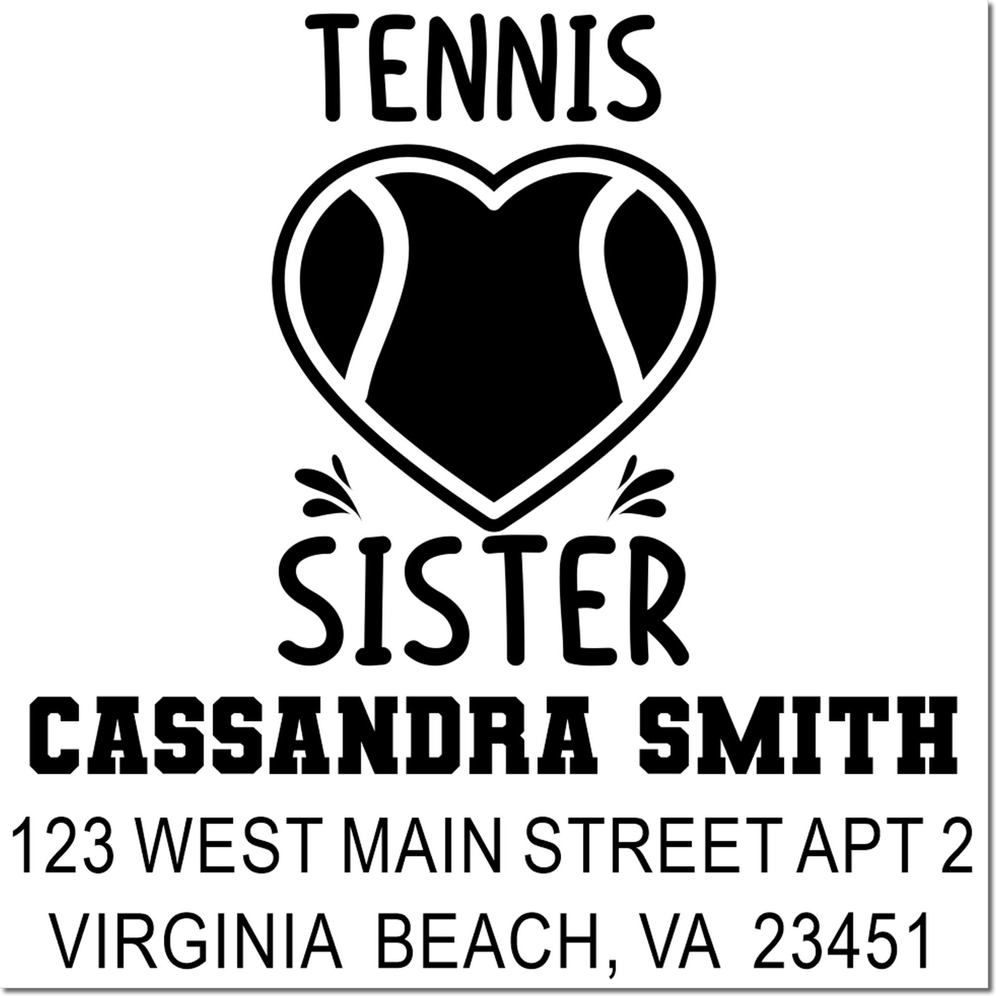 Custom Tennis Sister rubber stamp with personalized Cassandra Smith name and Virginia Beach, VA address.