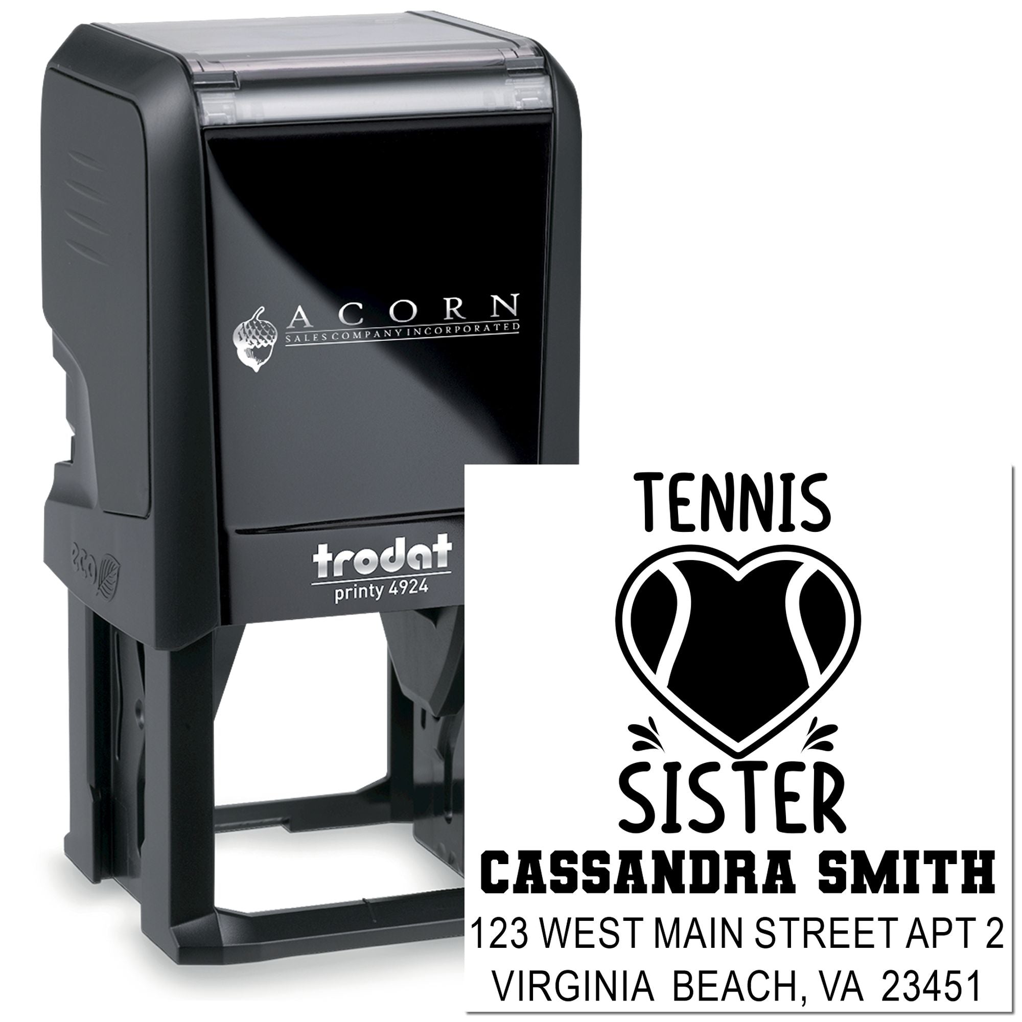 Custom self-inking rubber stamp for Tennis Sister, personalized with Cassandra Smith address on Trodat Printy 4924.