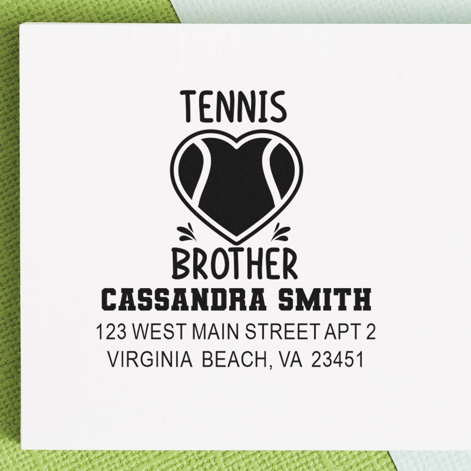 Personalized tennis brother rubber stamp with heart icon, Cassandra Smith name, and Virginia Beach return address.