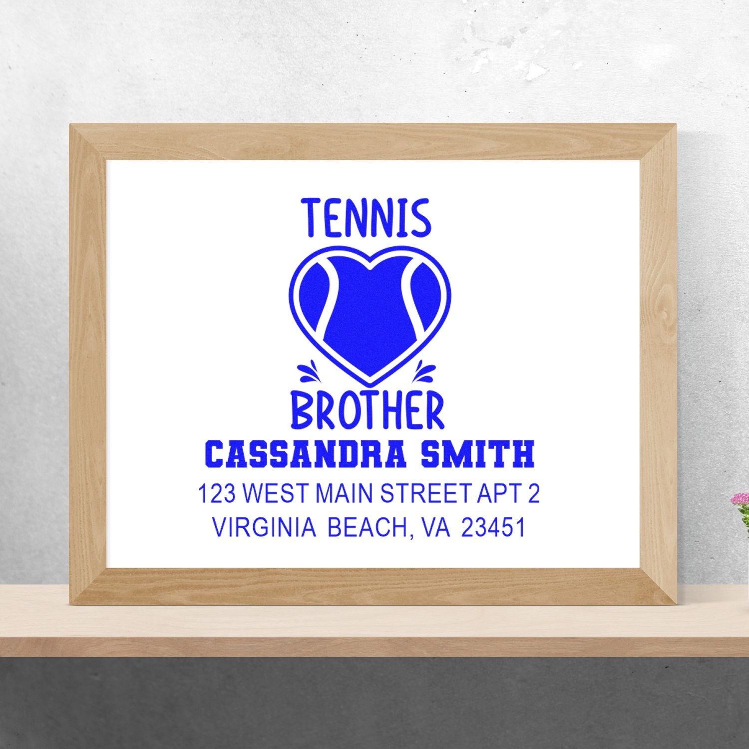 Custom tennis brother rubber stamp with heart tennis icon, Cassandra Smith name, and Virginia Beach return address.