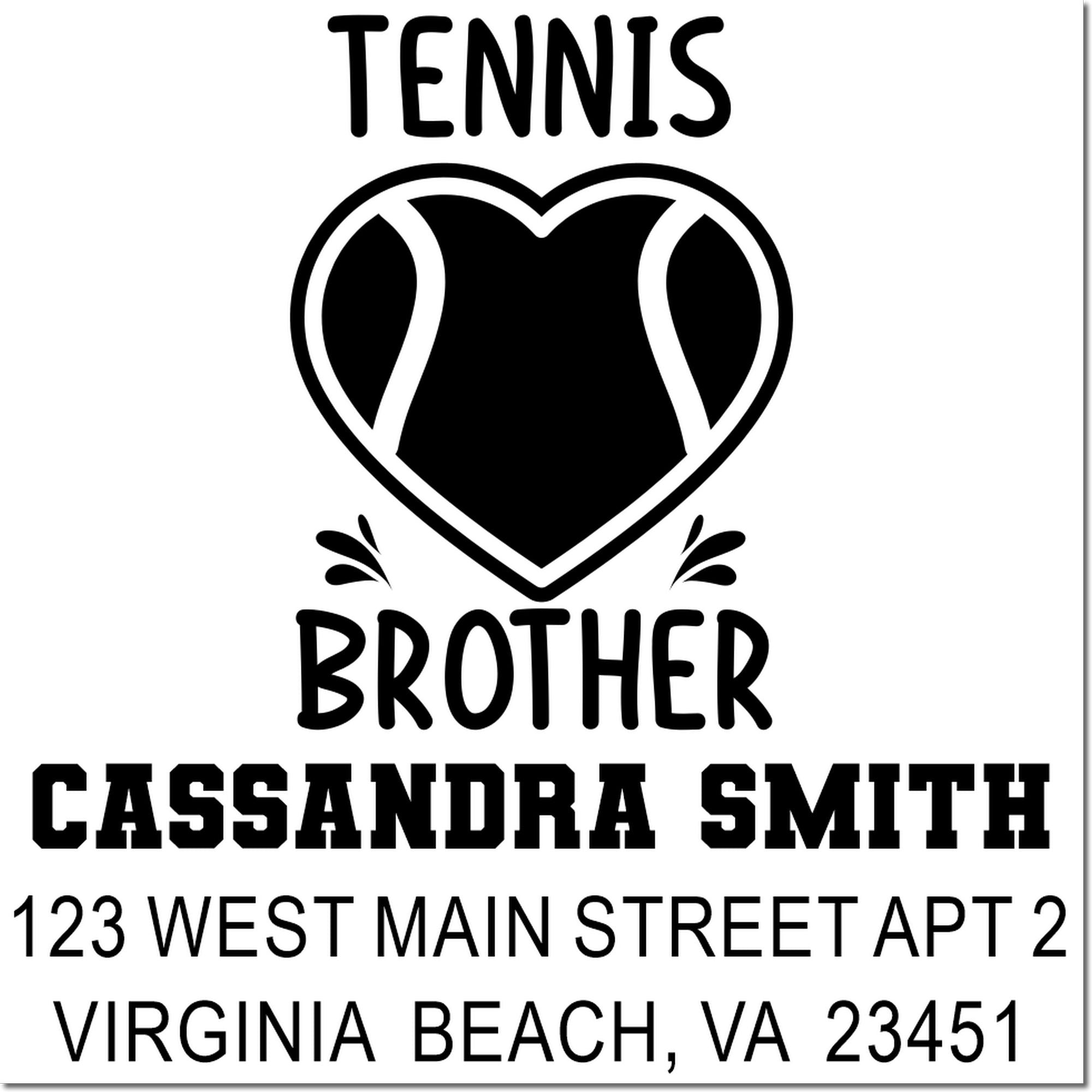 Custom tennis brother rubber stamp with heart design, Cassandra Smith name, and Virginia Beach return address.