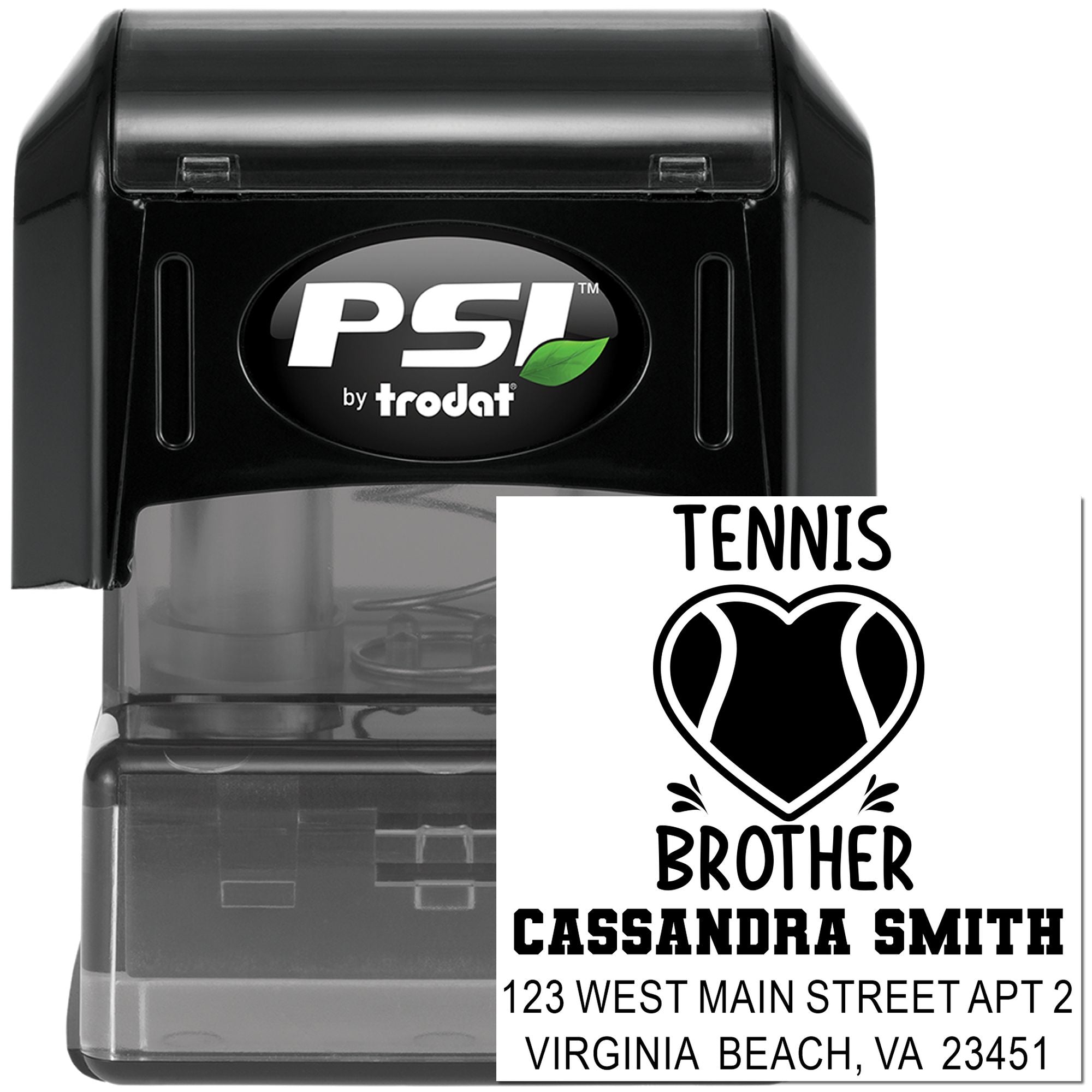 Custom tennis brother address stamp by PSI Trodat, personalized self-inking rubber stamp for return addresses.