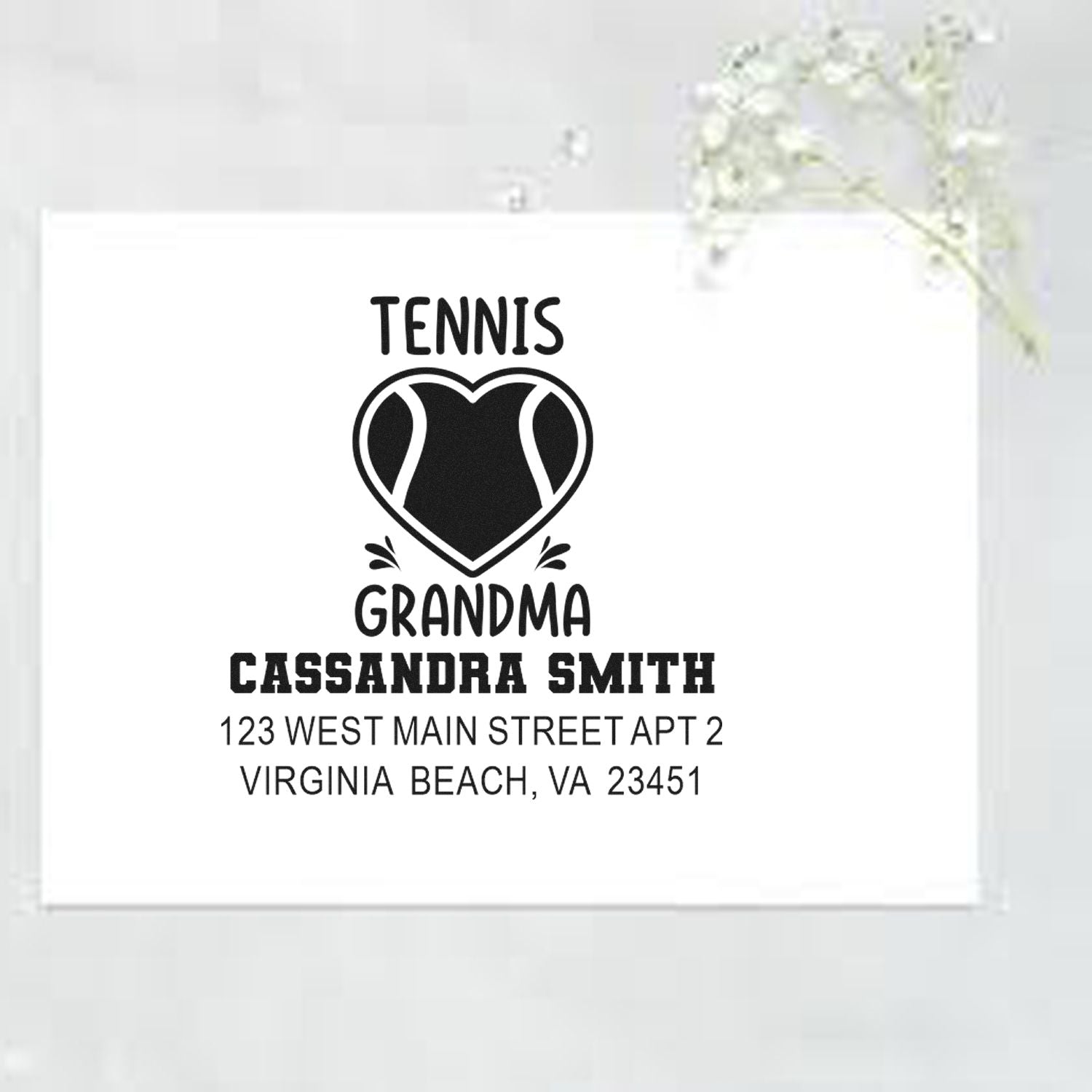 Personalized tennis grandma return address rubber stamp with heart tennis design, Cassandra Smith, Virginia Beach, VA.
