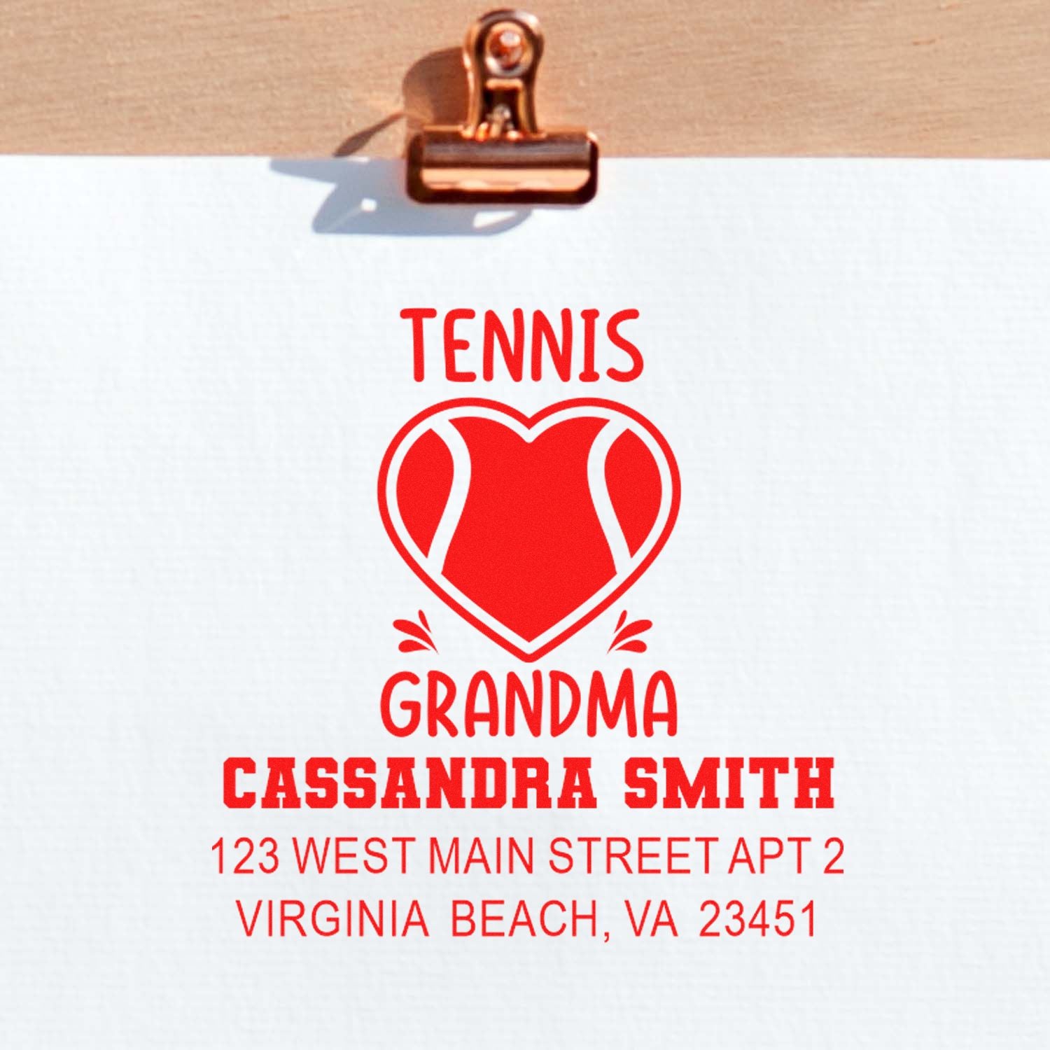 Custom tennis grandma rubber stamp with heart tennis design, name, and address for Cassandra Smith in Virginia Beach, VA.