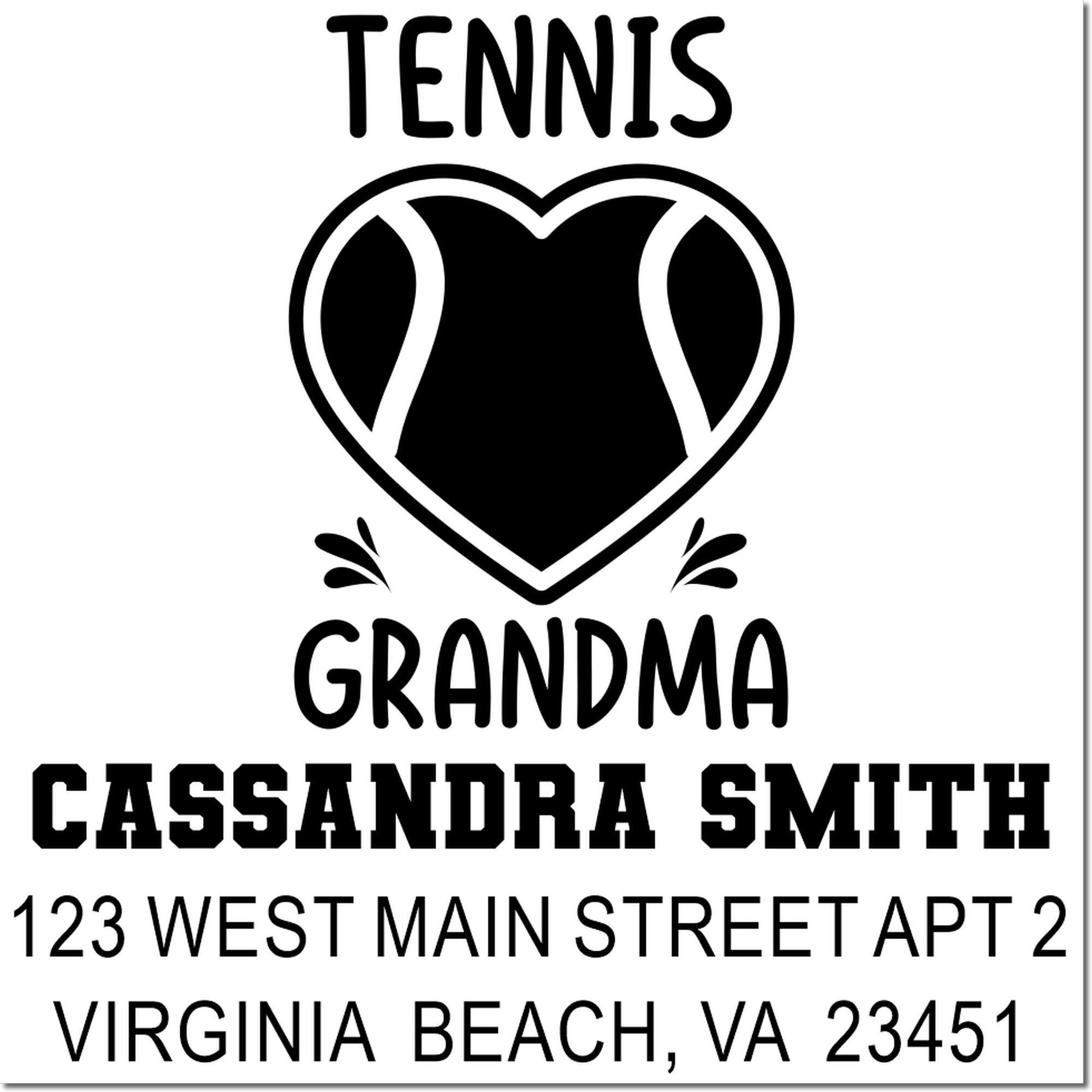 Custom tennis grandma rubber stamp for Cassandra Smith with heart tennis graphic and Virginia Beach address.