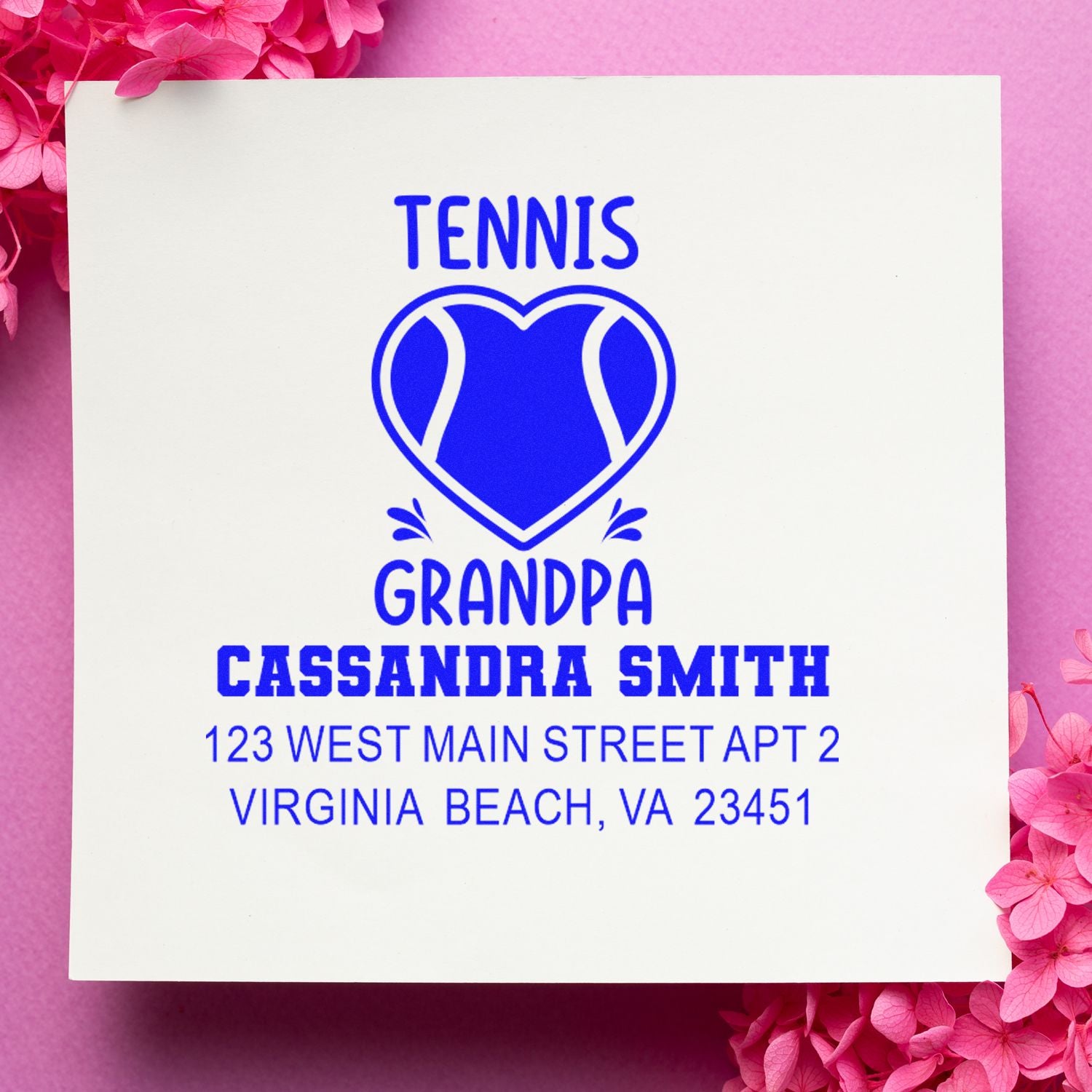 Custom tennis grandpa return address rubber stamp with heart design, Cassandra Smith name, and Virginia Beach address.