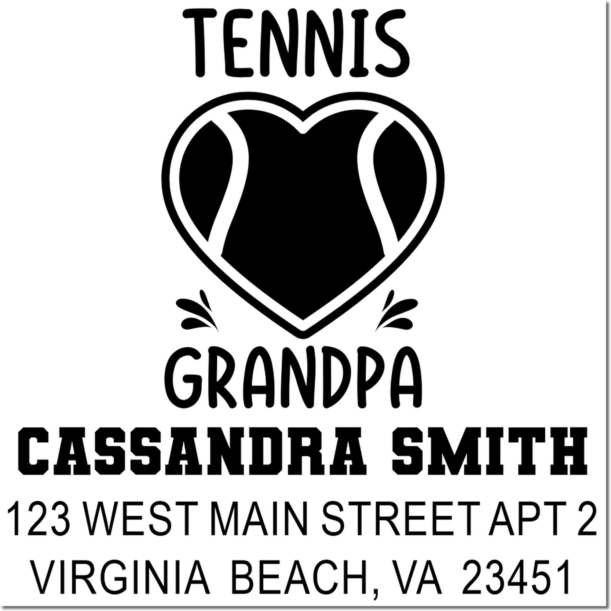 Custom tennis grandpa address rubber stamp for Cassandra Smith, Virginia Beach, VA 23451