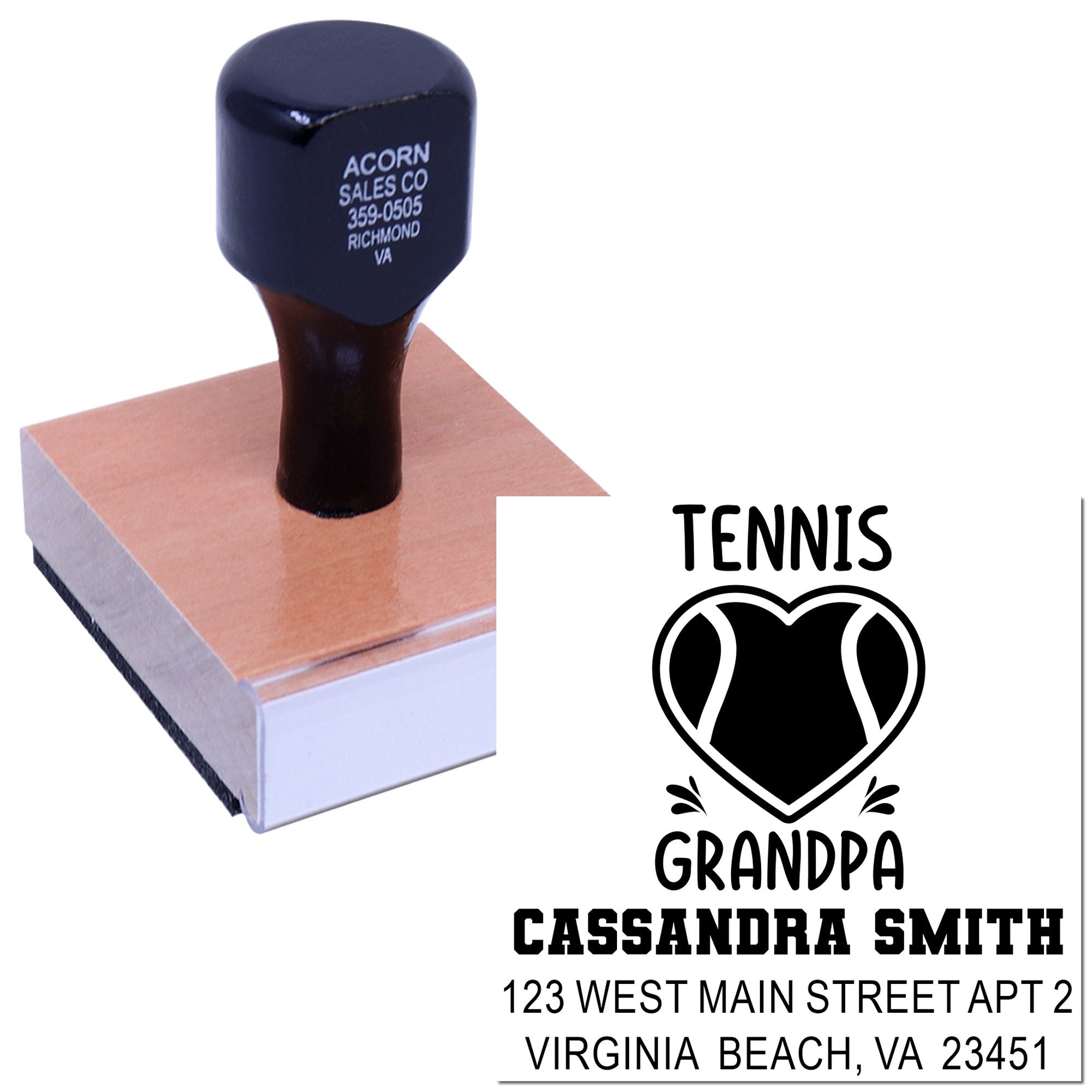 Custom tennis grandma address rubber stamp with heart tennis design, name, and mailing address.