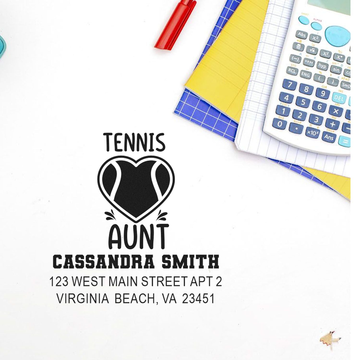 Personalized tennis aunt address rubber stamp with heart design, name and Virginia Beach address for stationery and mailings.