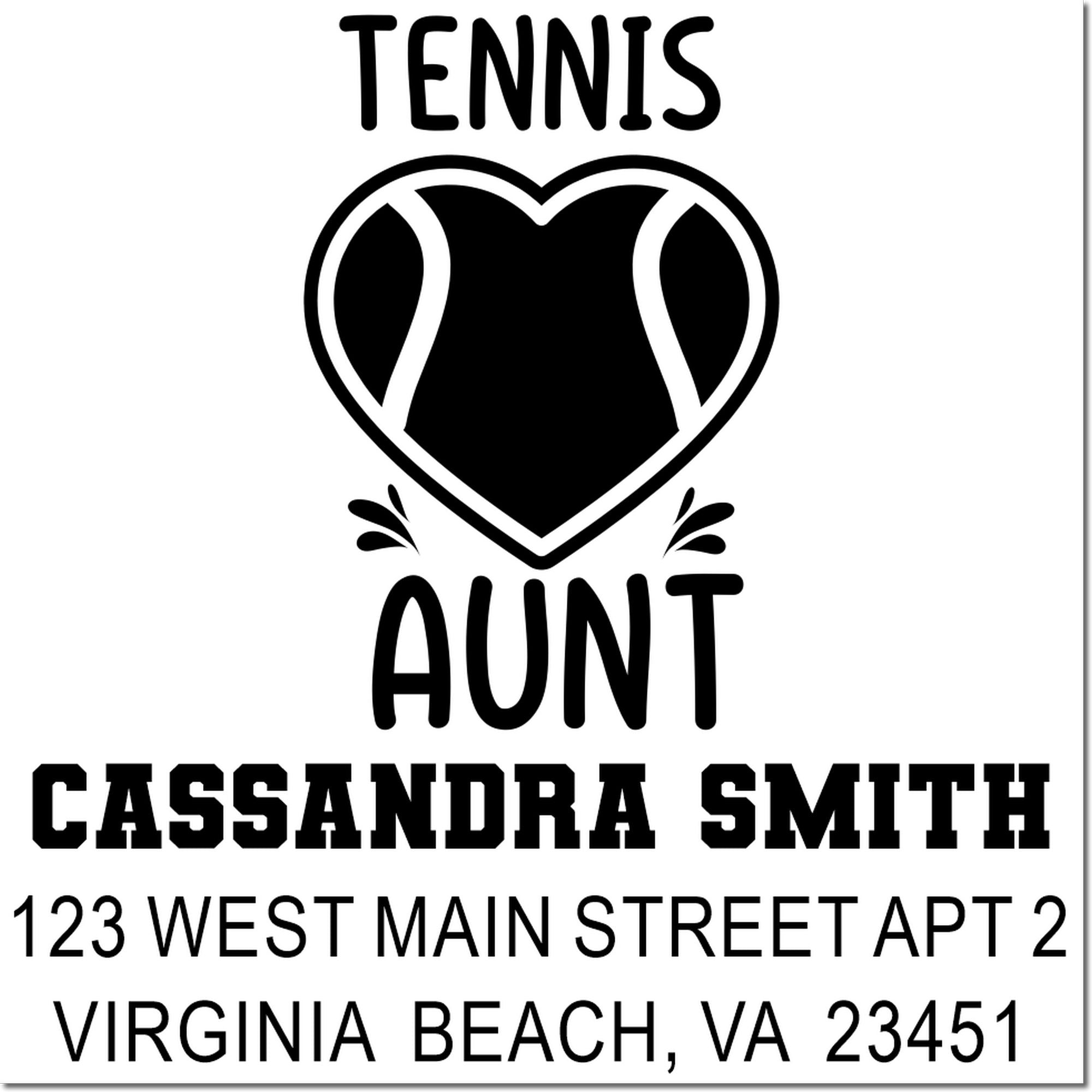 Personalized tennis aunt return address rubber stamp with heart design for Cassandra Smith, Virginia Beach, VA