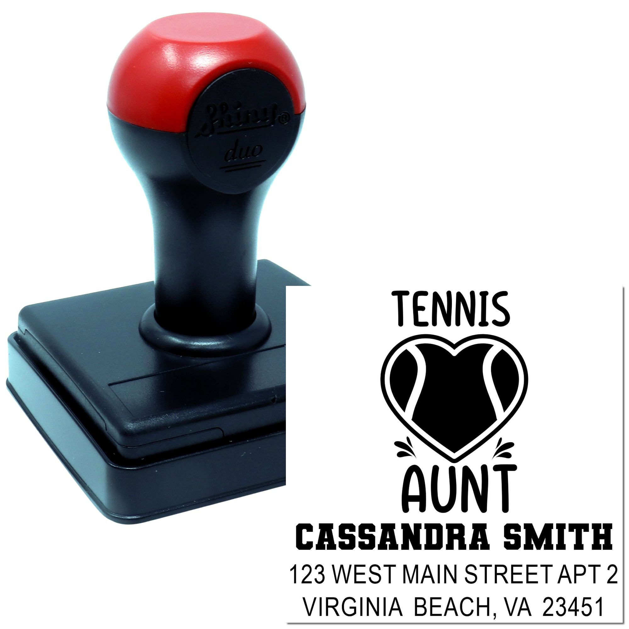 Custom self-inking rubber stamp for tennis aunt return address labels with name and Virginia Beach, VA imprint.