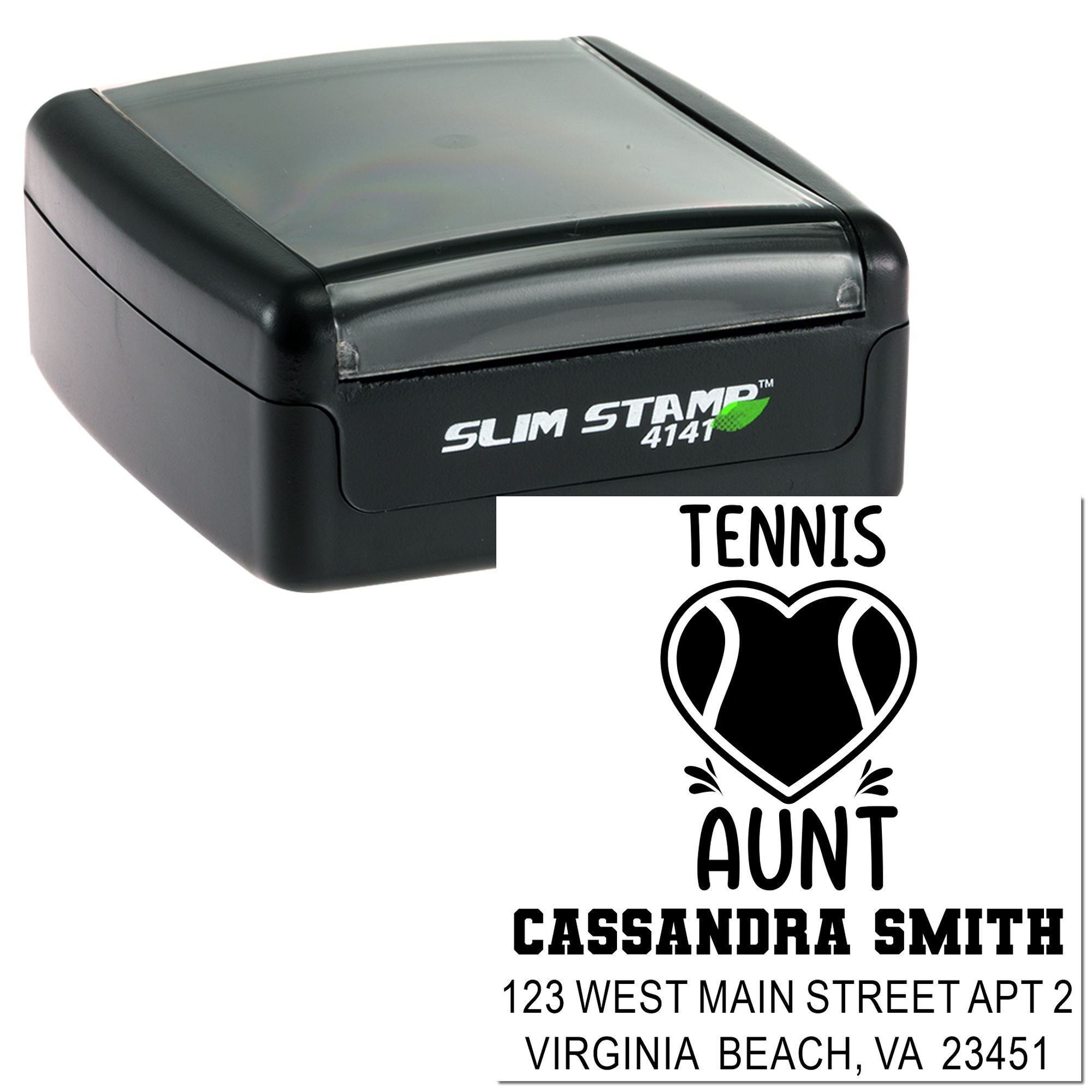 Personalized self-inking rubber stamp with tennis aunt return address design for Cassandra Smith in Virginia Beach.