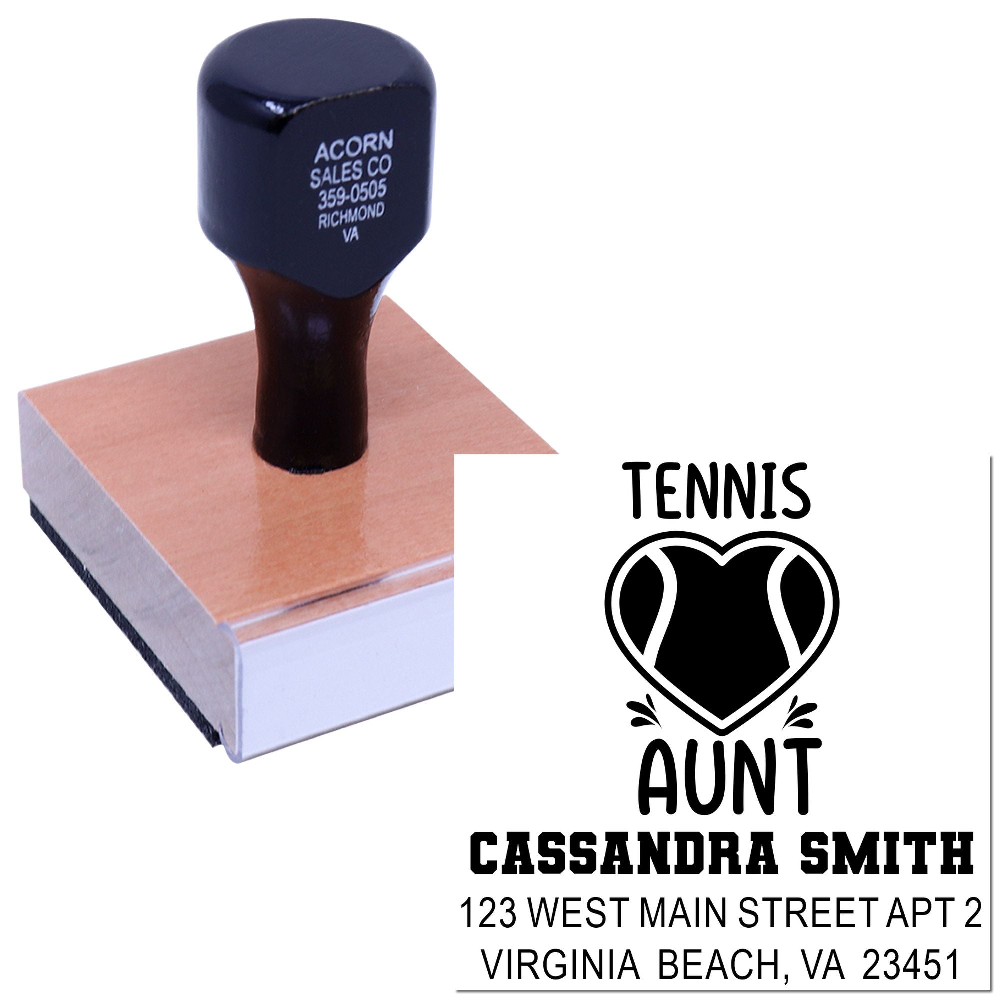 Custom tennis aunt address rubber stamp with heart tennis design for personalized mailing and gift labels.