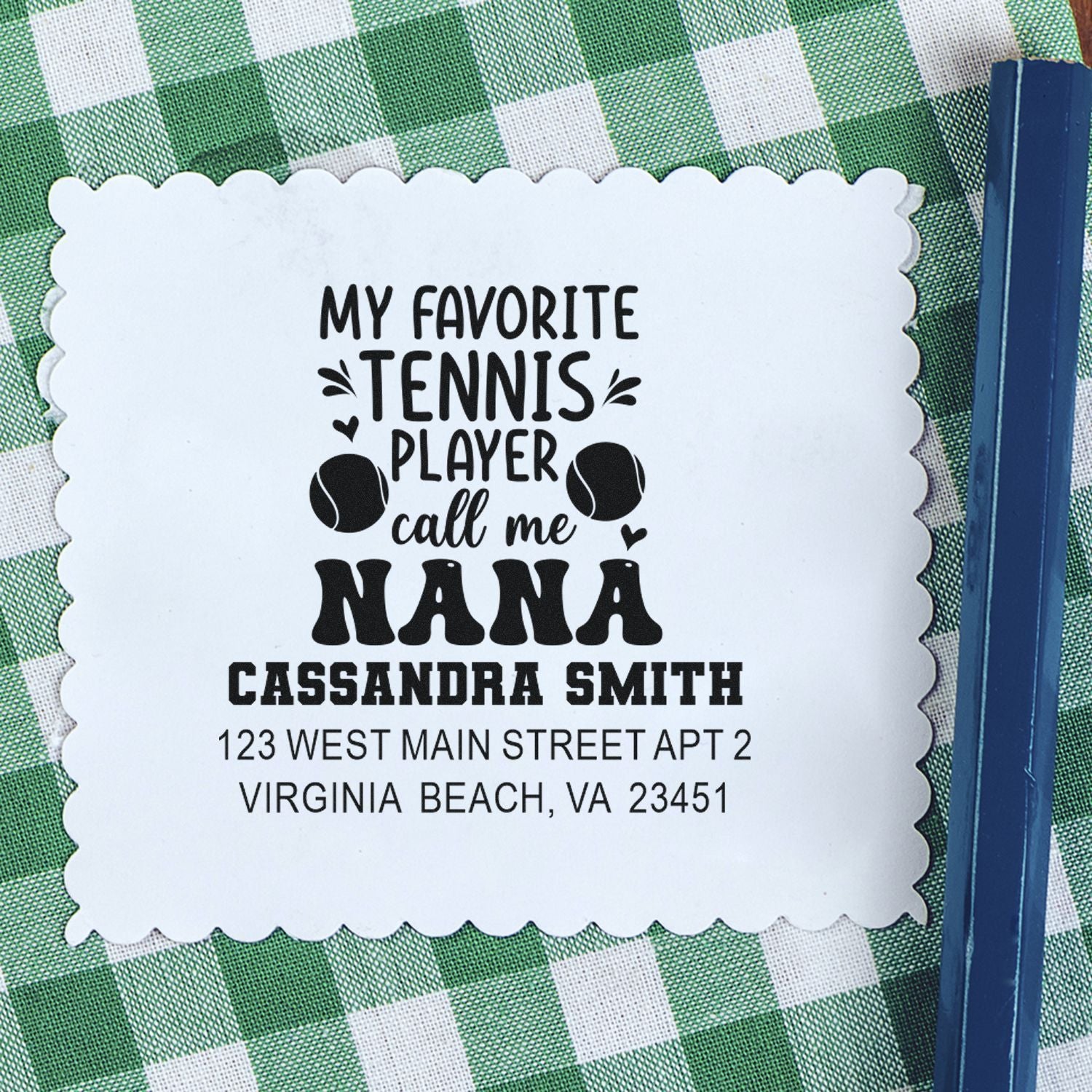 Custom tennis Nana rubber stamp with personalized name and address, featuring My Favorite Tennis Player Call Me Nana design