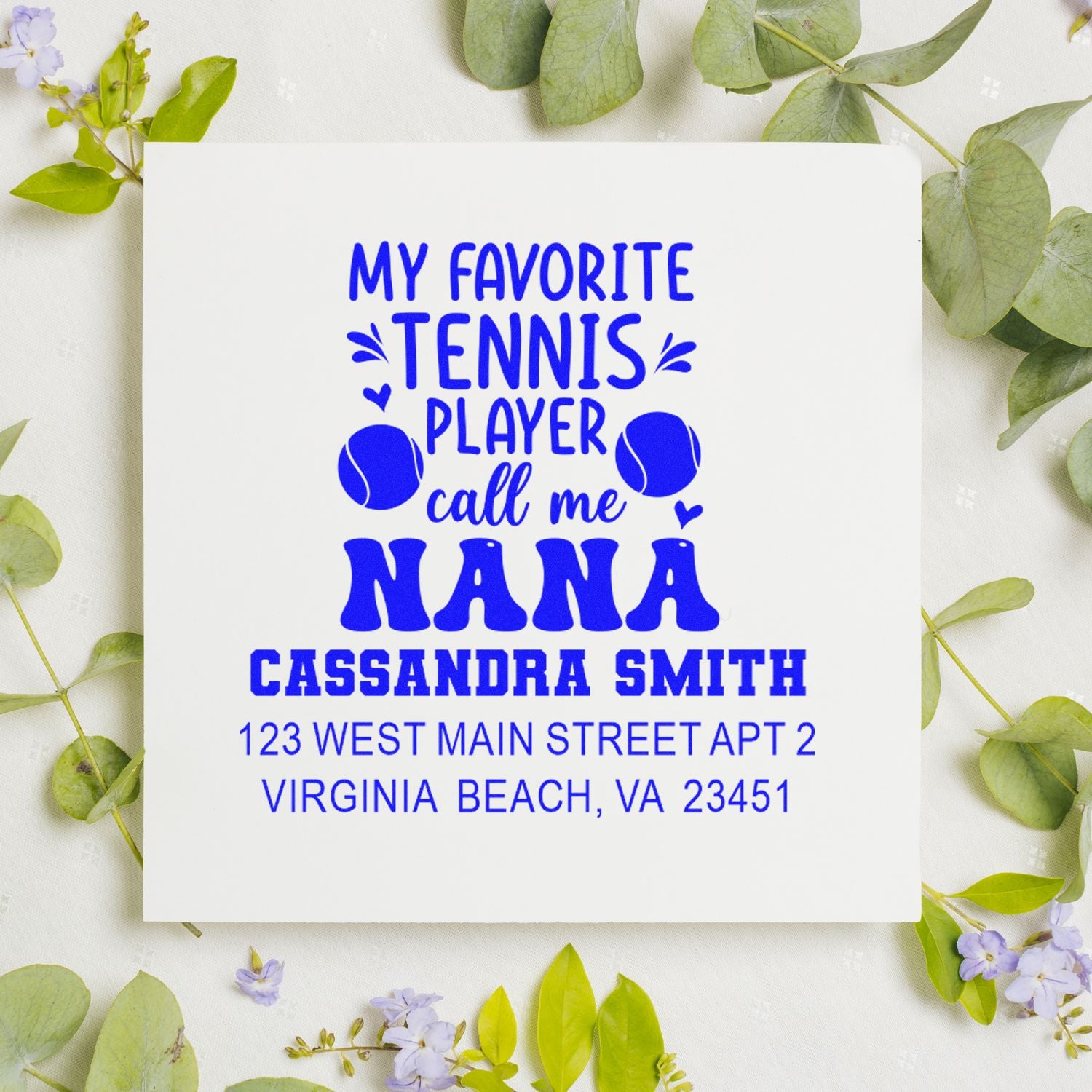 Personalized tennis-themed return address stamp for Nana with custom name and playful sports message.