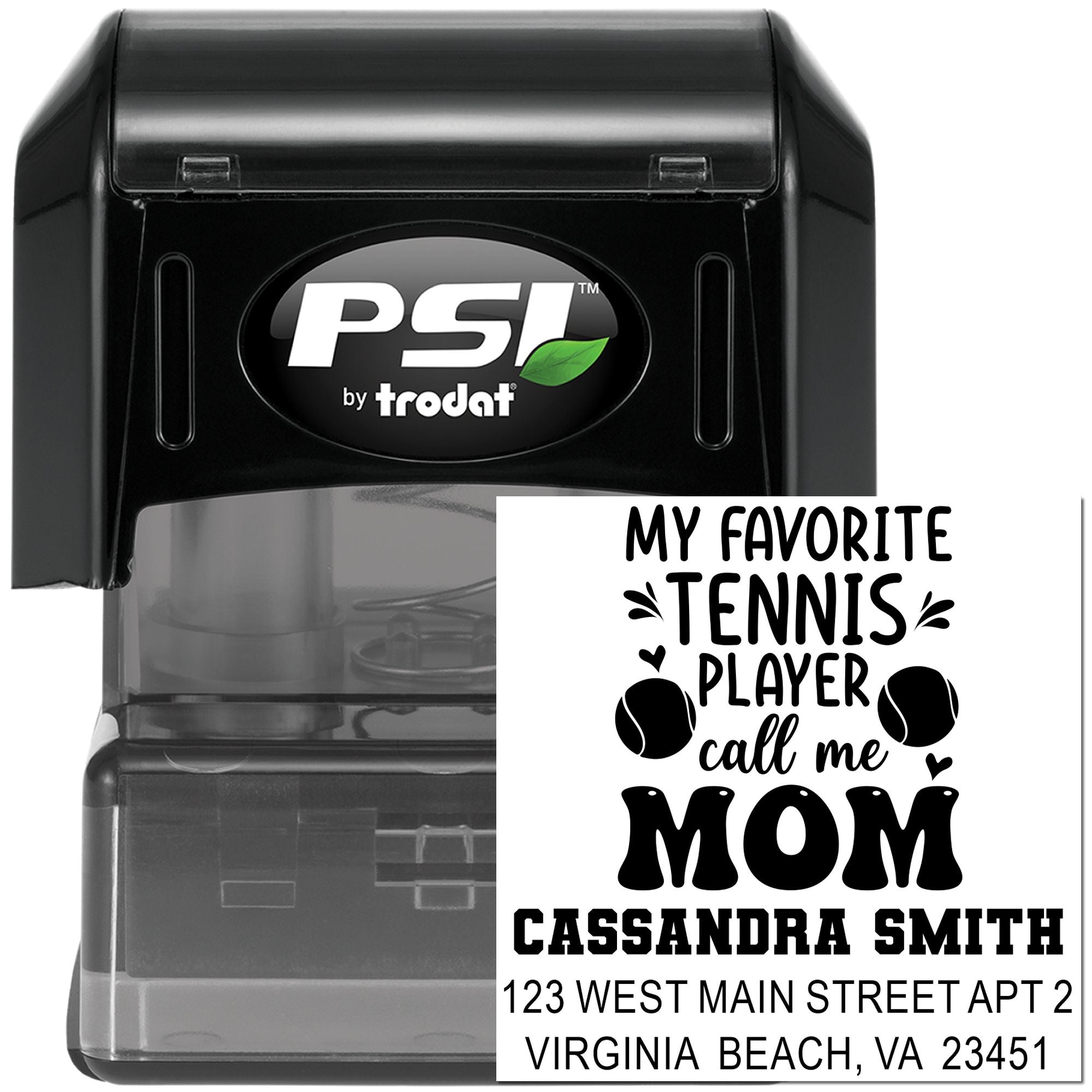 Custom tennis mom self-inking rubber stamp with personalized return address and playful favorite player design