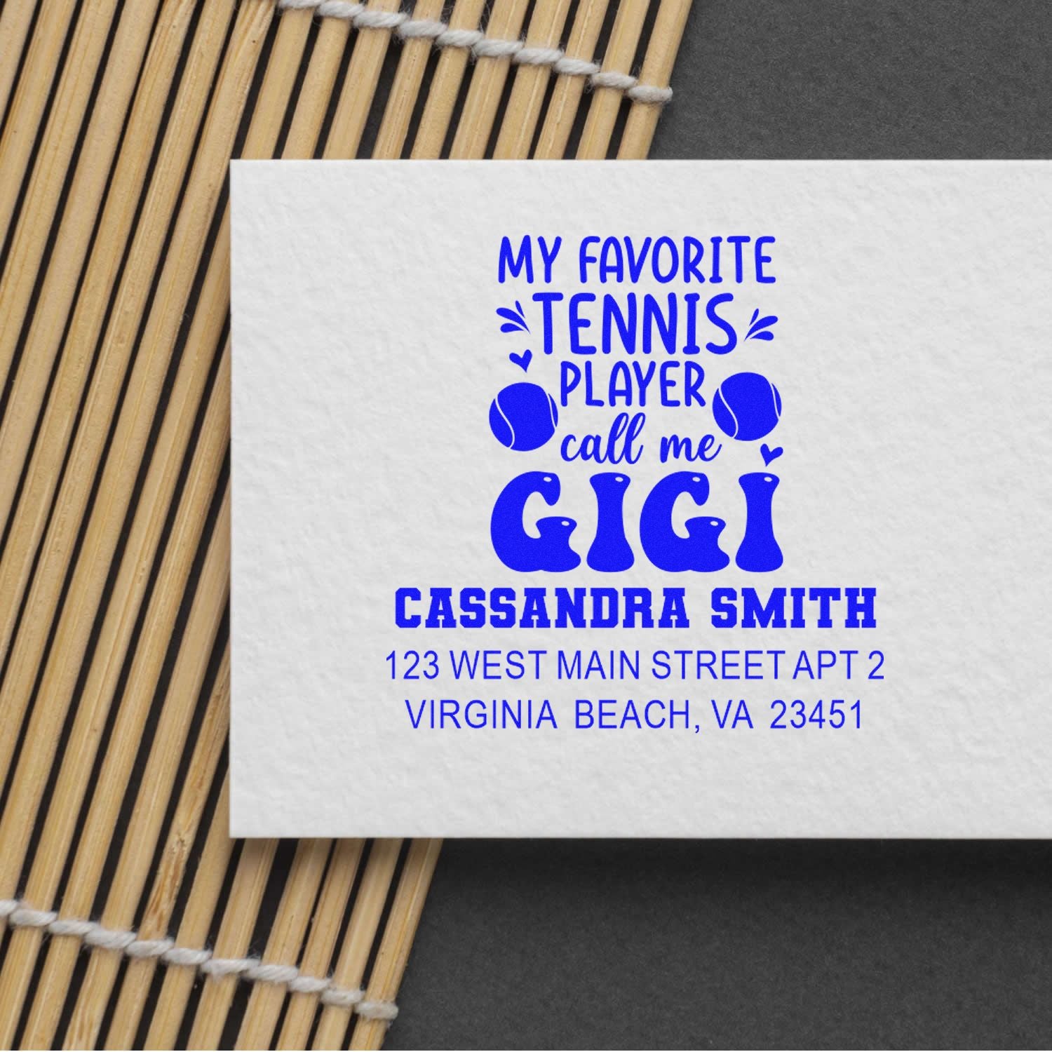 Custom tennis-themed rubber stamp with My Favorite Tennis Player Call Me Gigi and personalized return address.