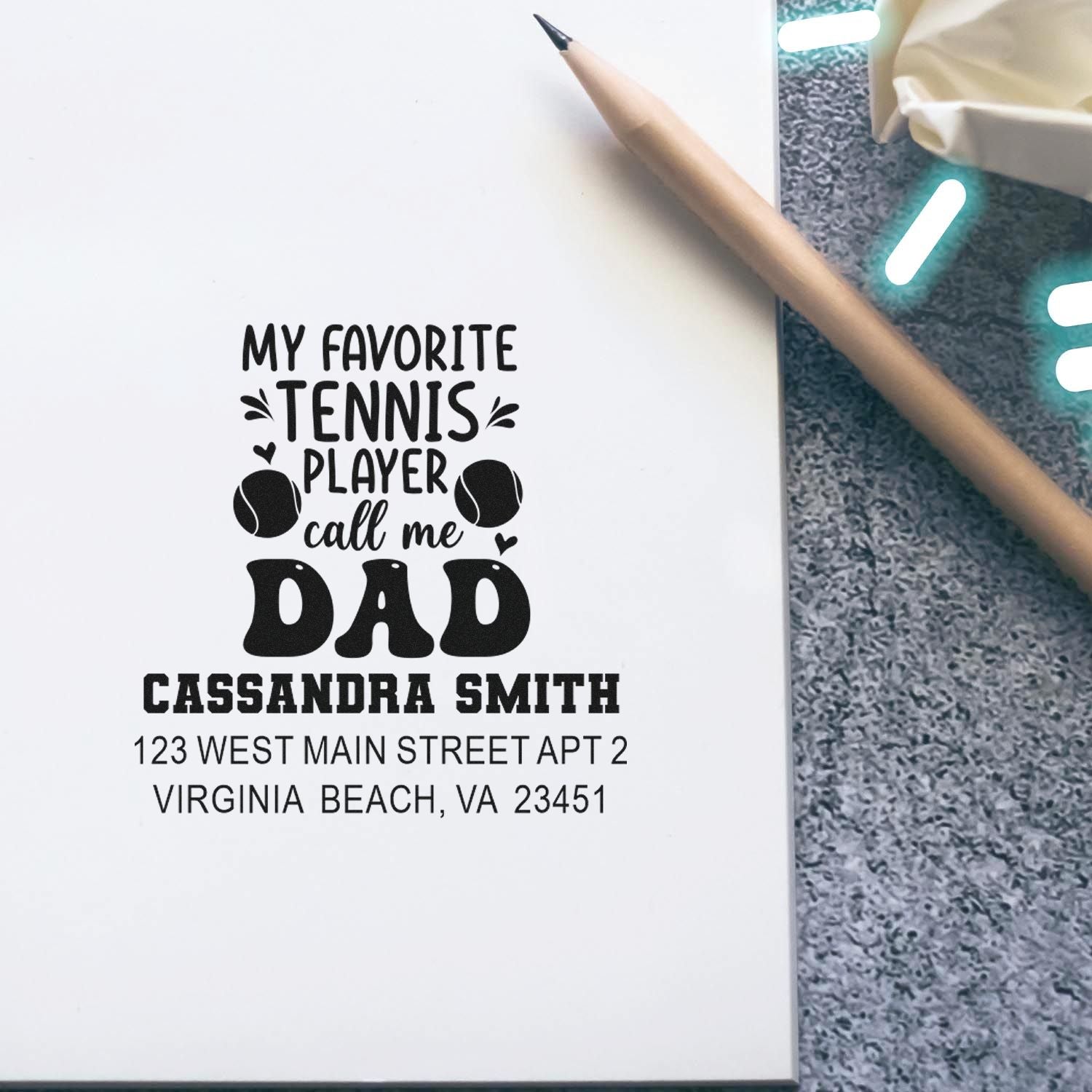 Custom tennis dad rubber stamp with name and address for personalized return mail, cards, and gifts.