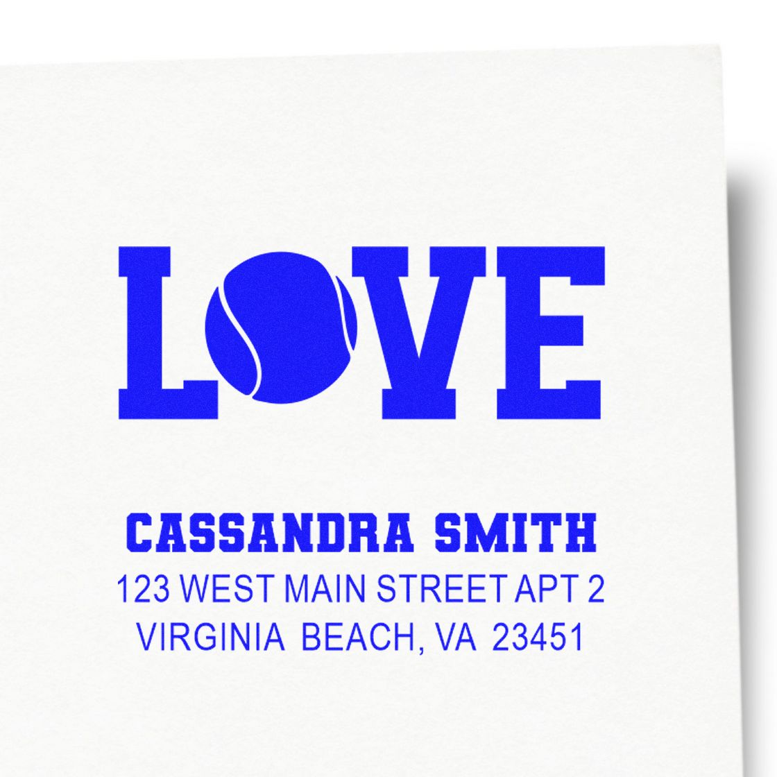 Personalized tennis love return address rubber stamp for Cassandra Smith, Virginia Beach, VA 23451