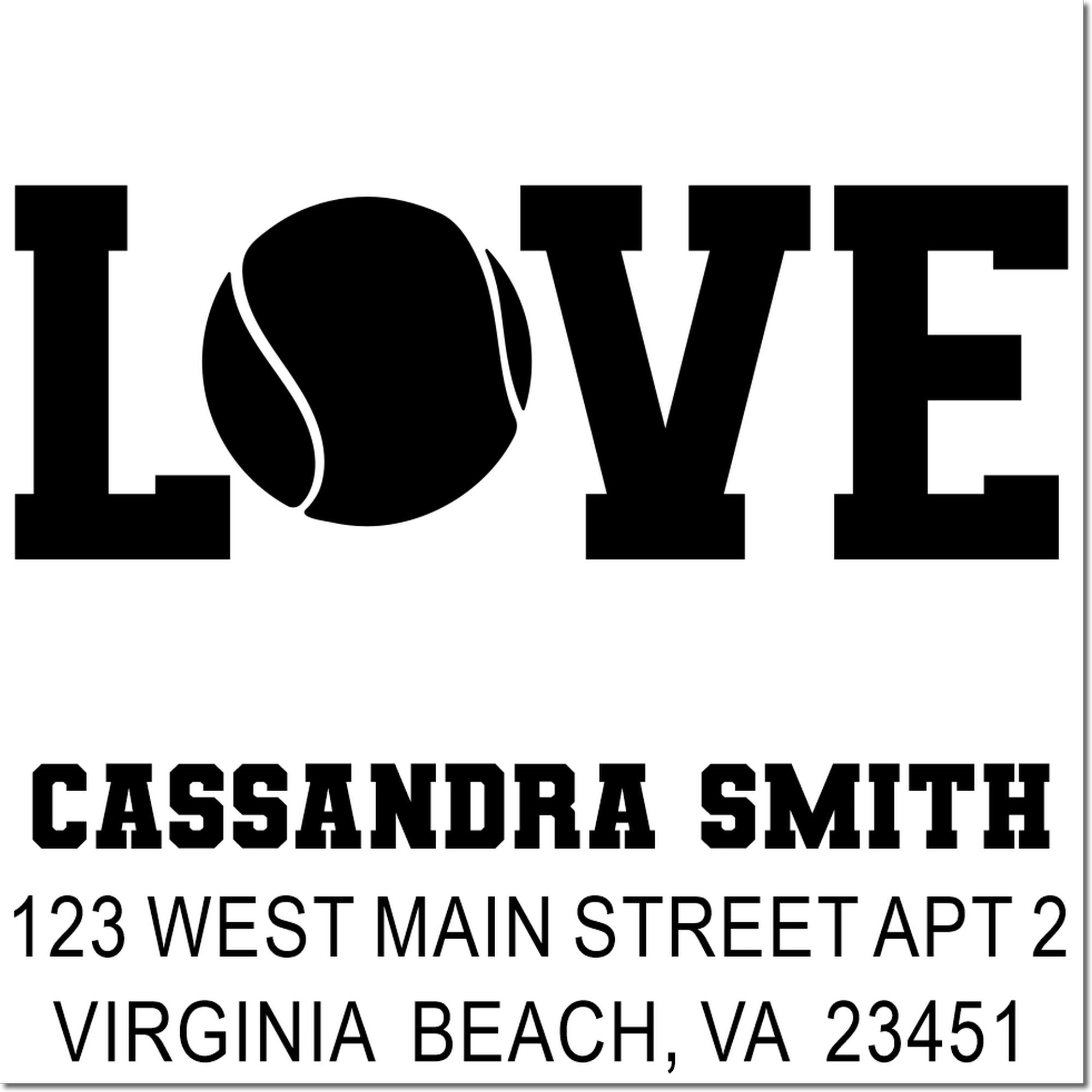 Custom tennis-themed address rubber stamp with LOVE design, Cassondra Smith, Virginia Beach, VA 23451
