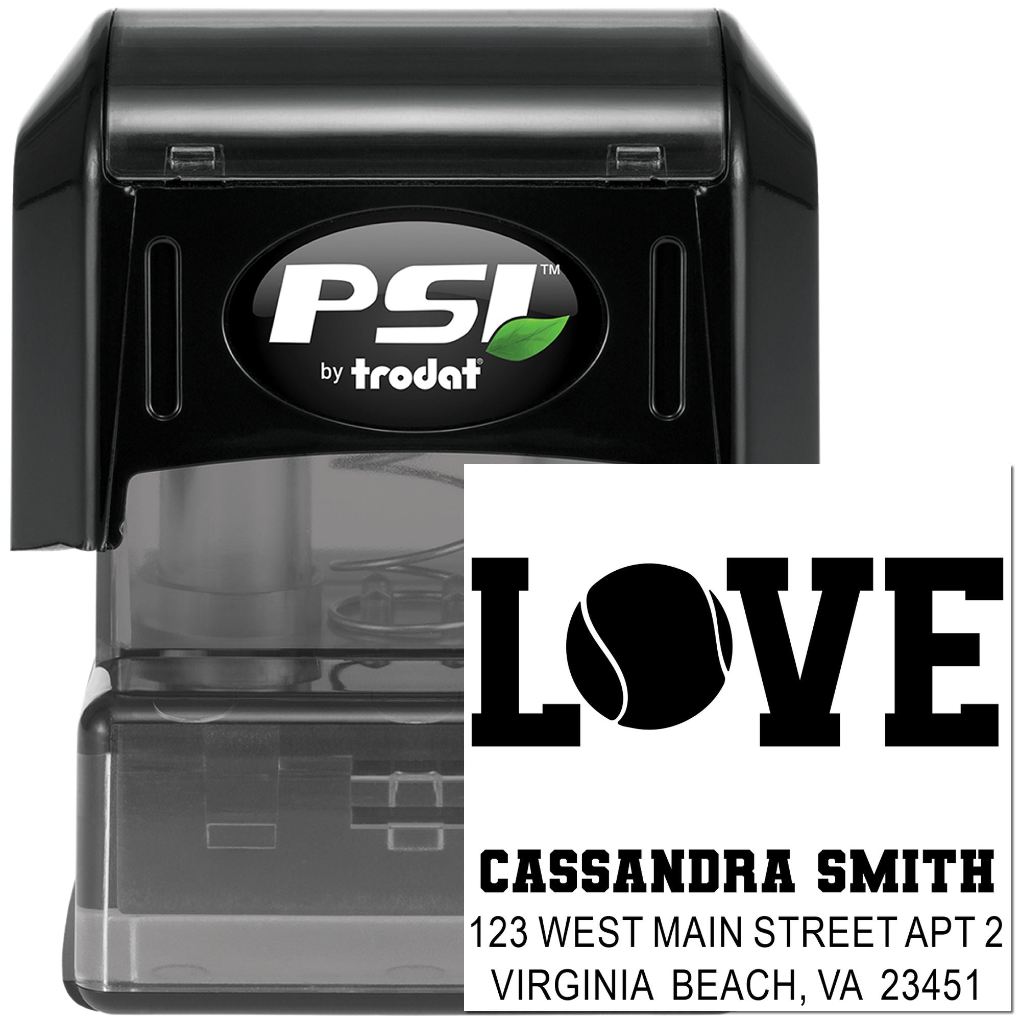 PSI by Trodat custom self-inking rubber stamp with LOVE design and Cassandra Smith return address for mailing.