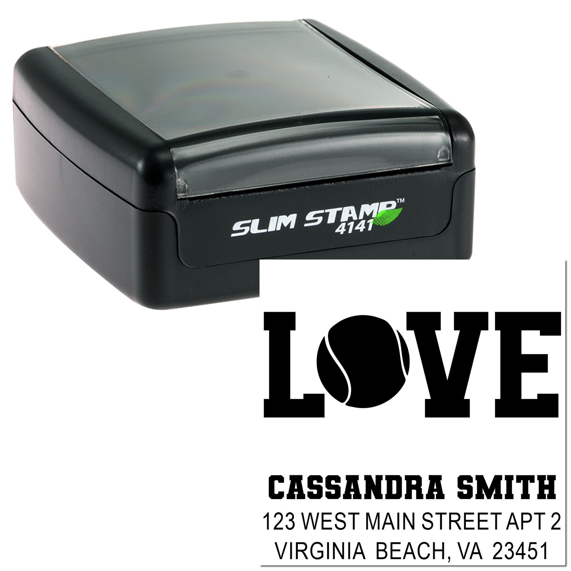Self-inking rubber stamp for custom address labels, featuring LOVE design and personalized name and address.