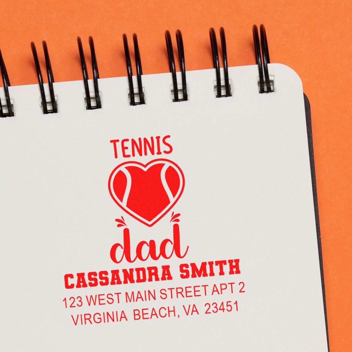 Personalized tennis dad return address rubber stamp with heart tennis ball design and custom name and address imprint.