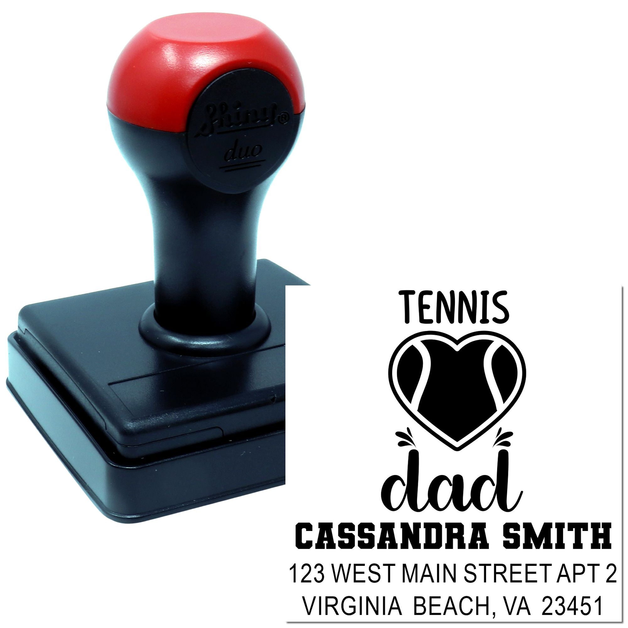 Custom self-inking rubber stamp for tennis dad with personalized name and address imprint.